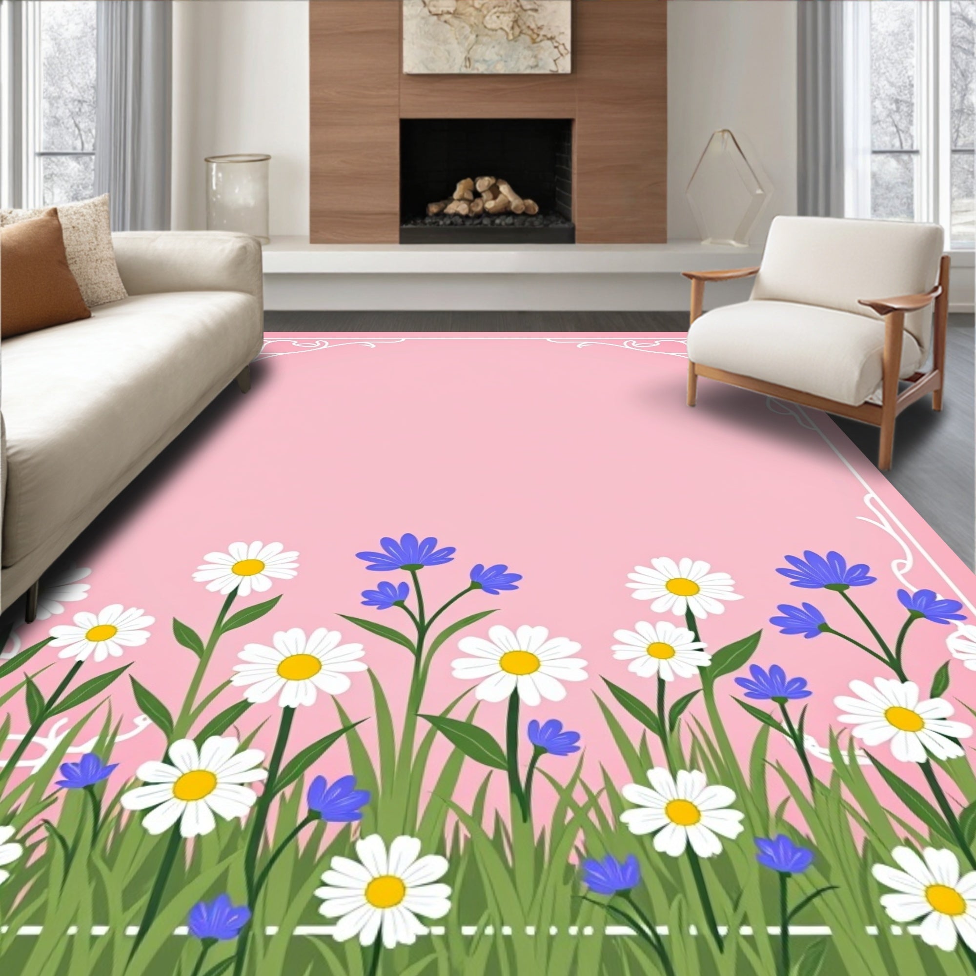 Floral Meadow Border Design Rug