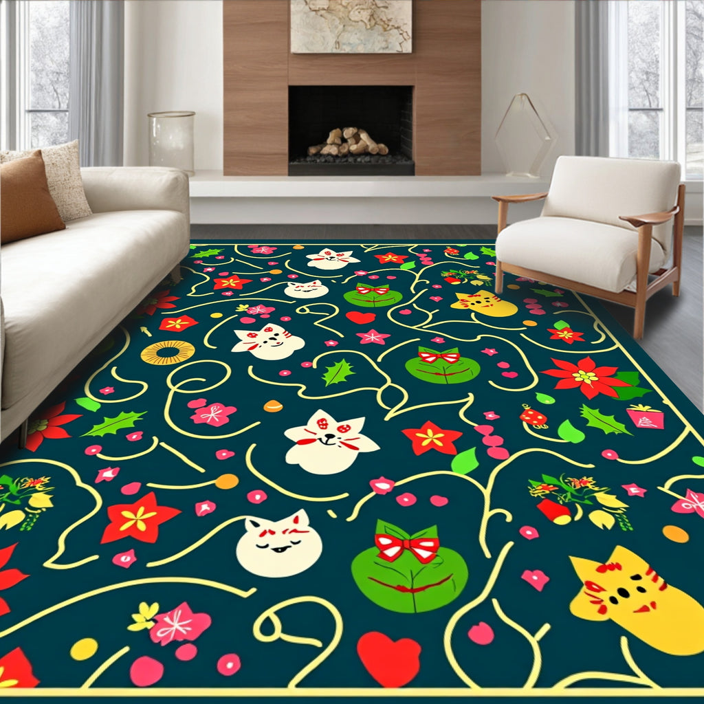 Cute Kittens Flowers Festive Pattern Rug