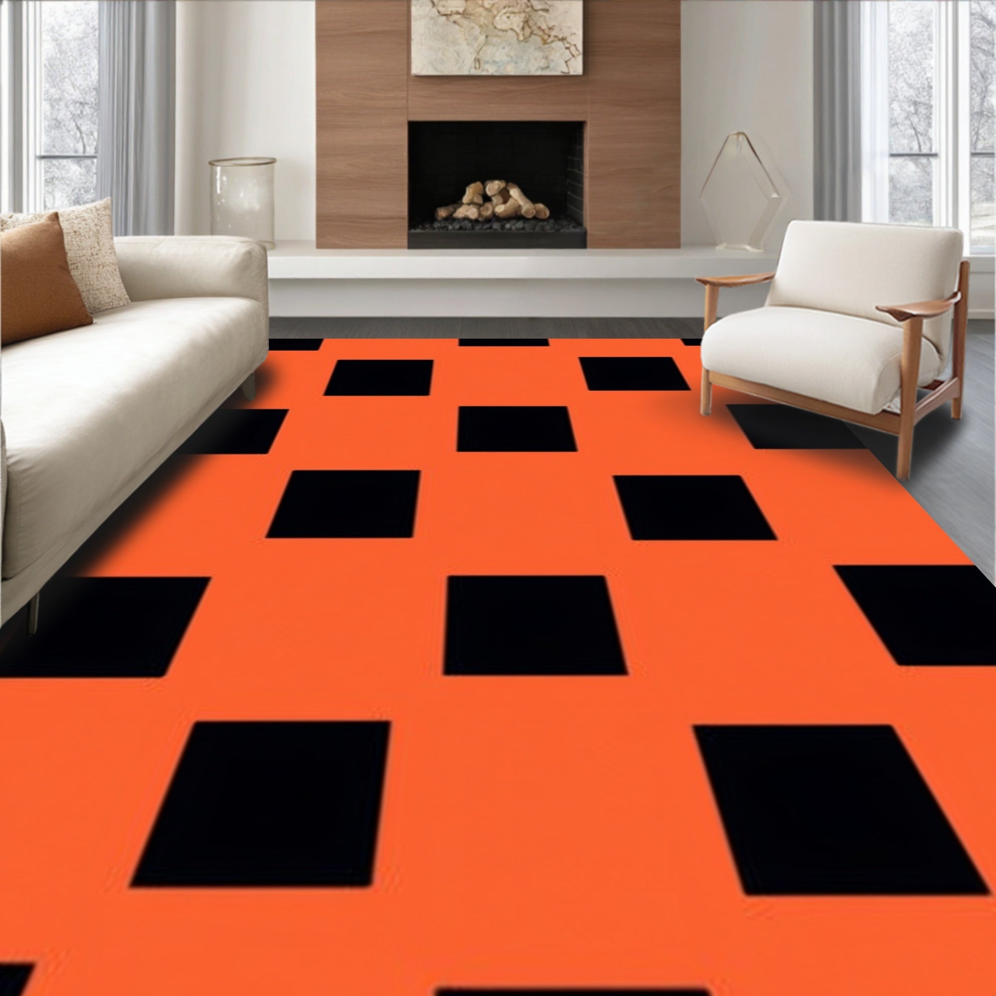 Bold Orange Black Square Pattern Rug