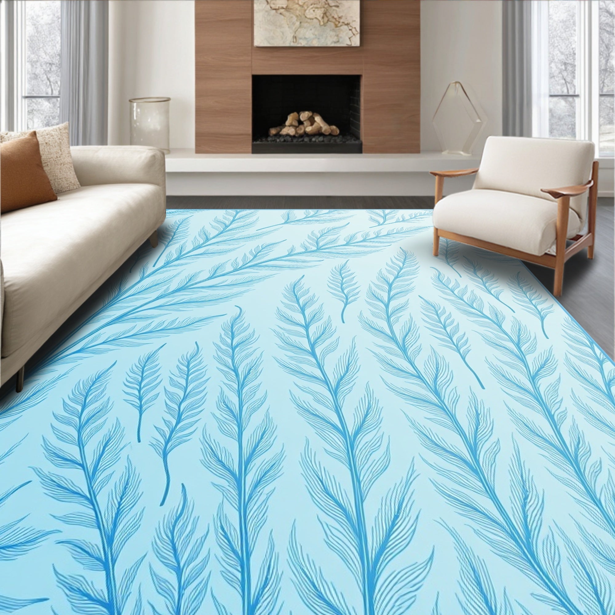 Light Blue Feather Pattern Design Rug