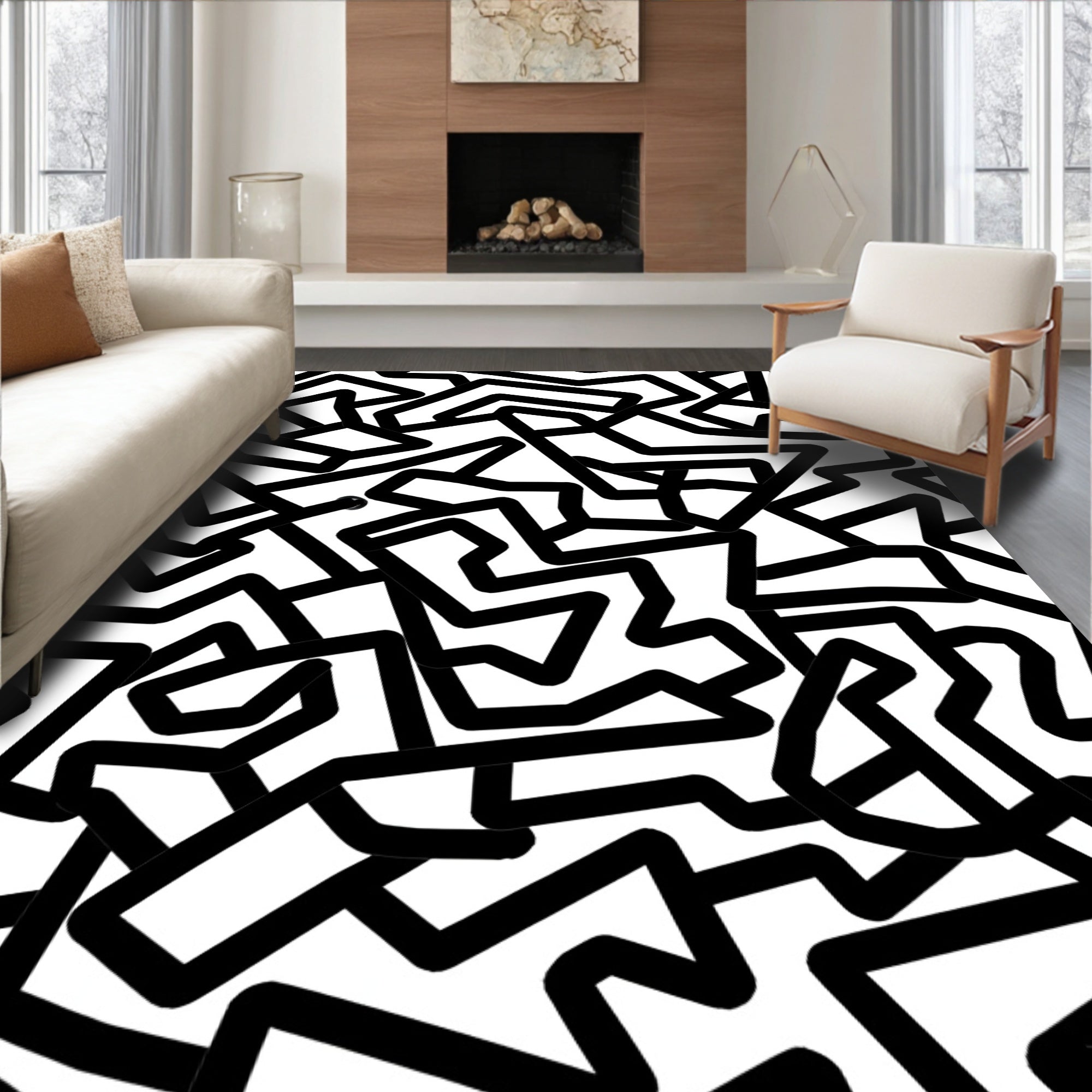 Abstract Black White Geometric Pattern Rug