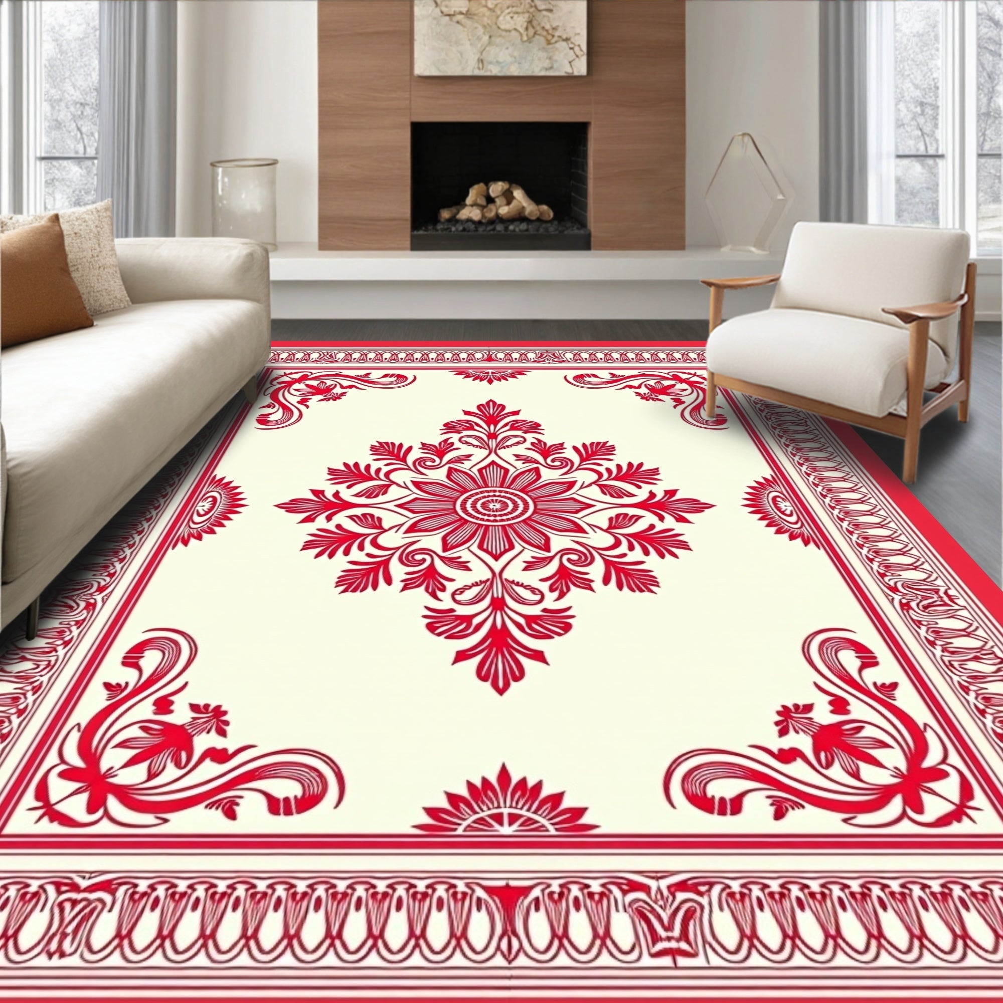 Vibrant Red Floral Mandala Pattern Rug