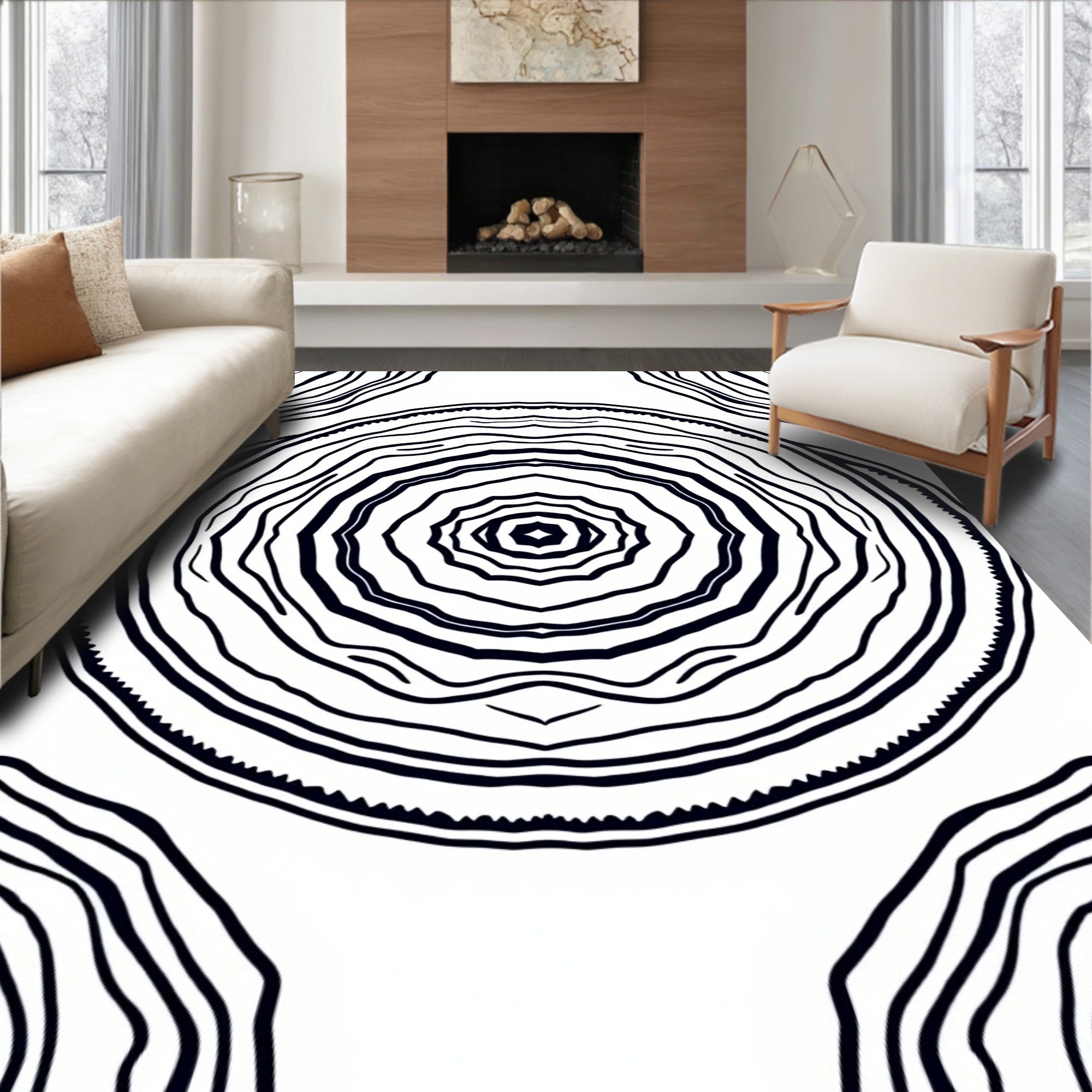 Concentric Black and White Abstract Design Rug