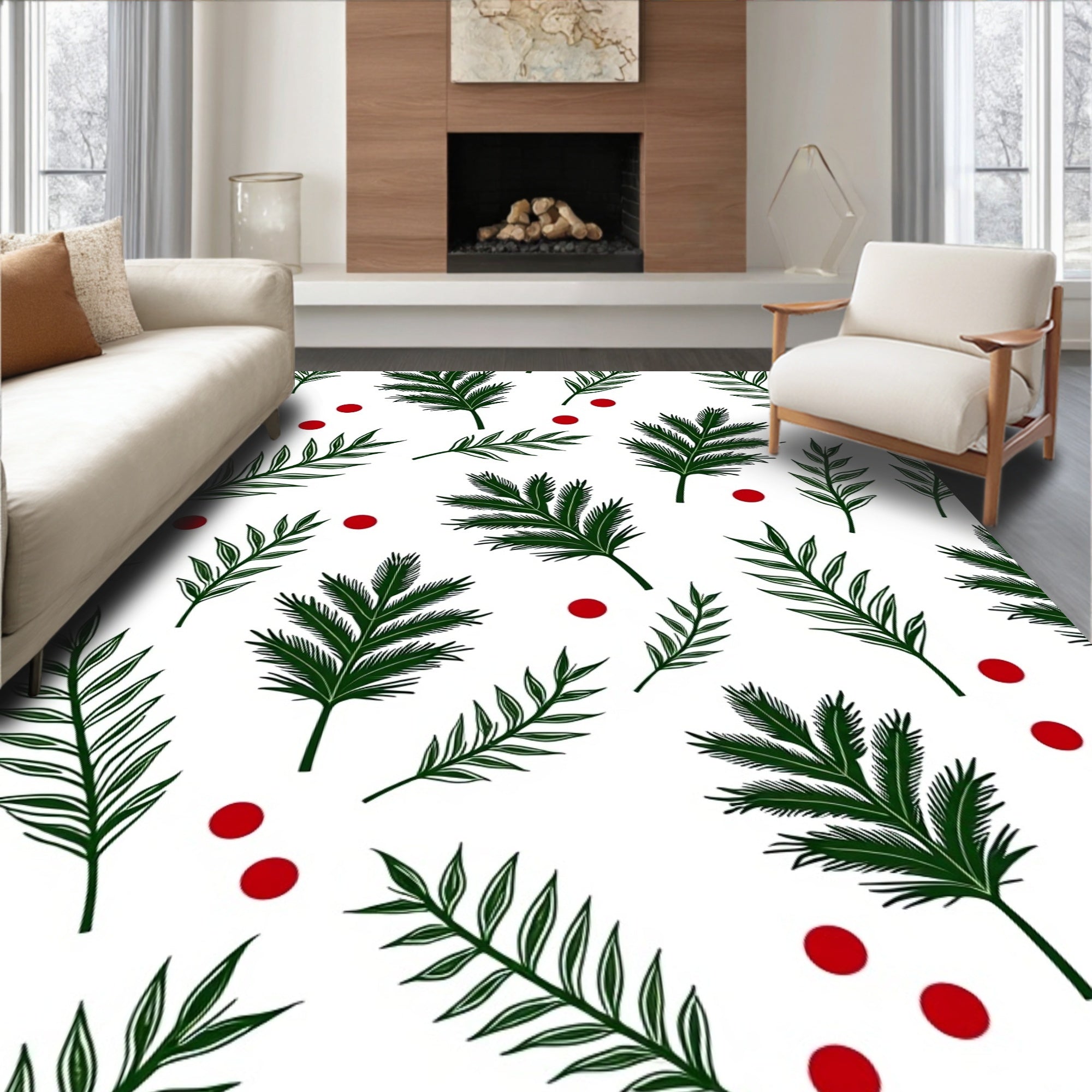 Evergreen Sprigs and Red Dot Pattern Rug