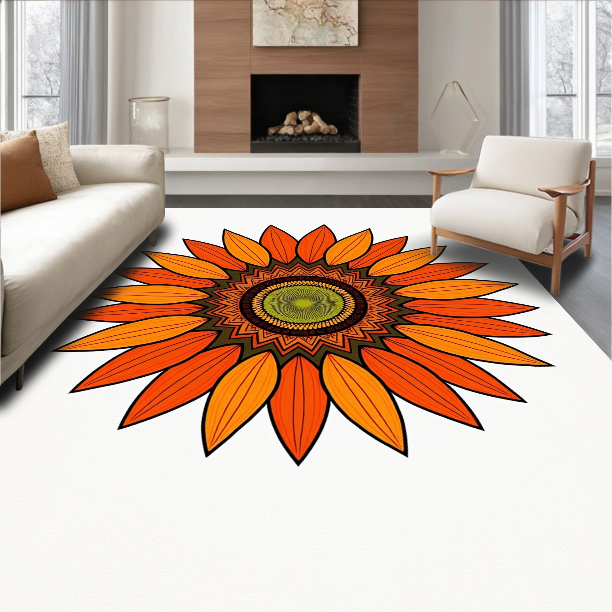 Orange Floral Mandala Pattern Rug
