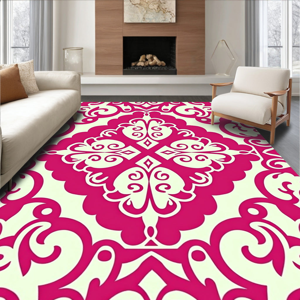 Fuchsia Damask Scroll Pattern Rug