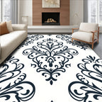 Dark Blue Damask Scroll Pattern Design Rug