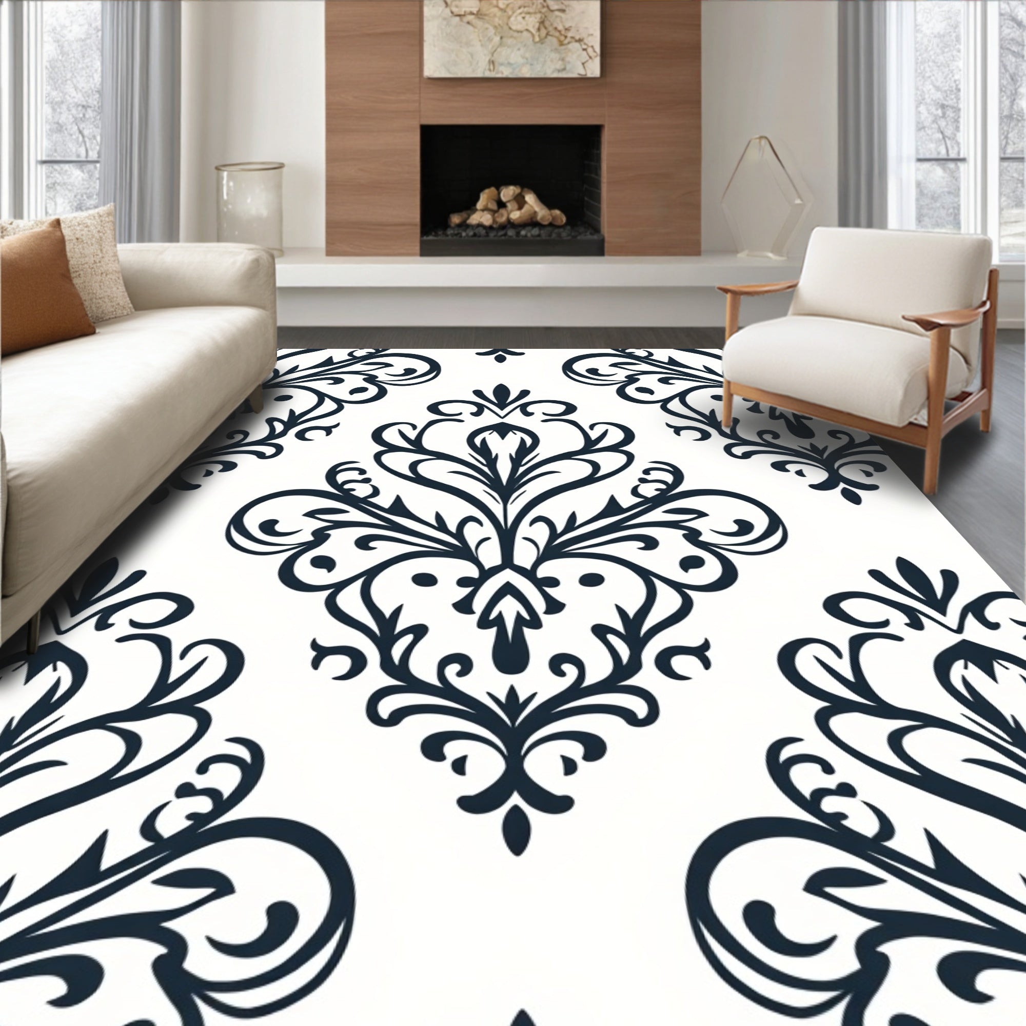 Dark Blue Damask Scroll Pattern Design Rug