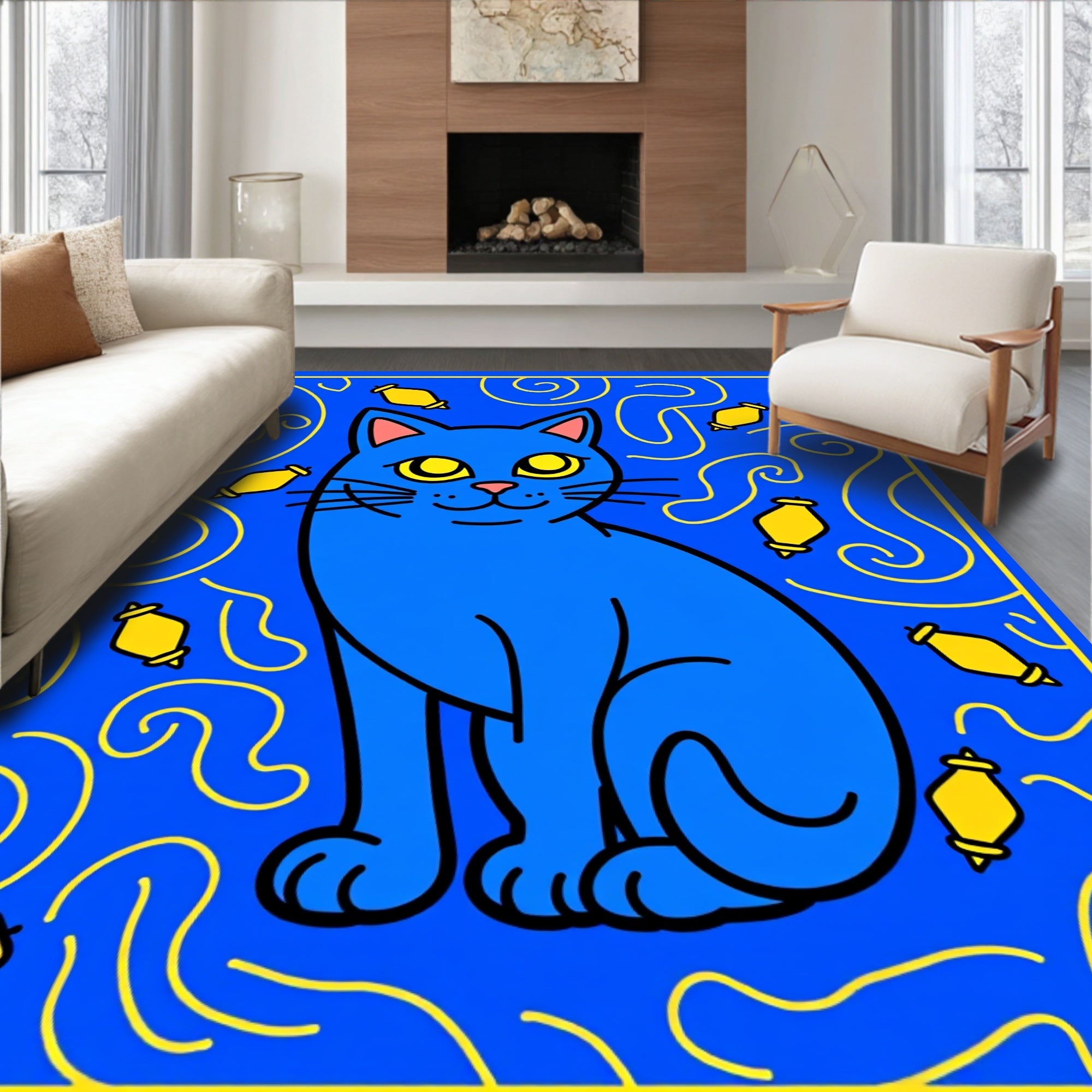 Whimsical Blue Cat Yellow Elements Rug