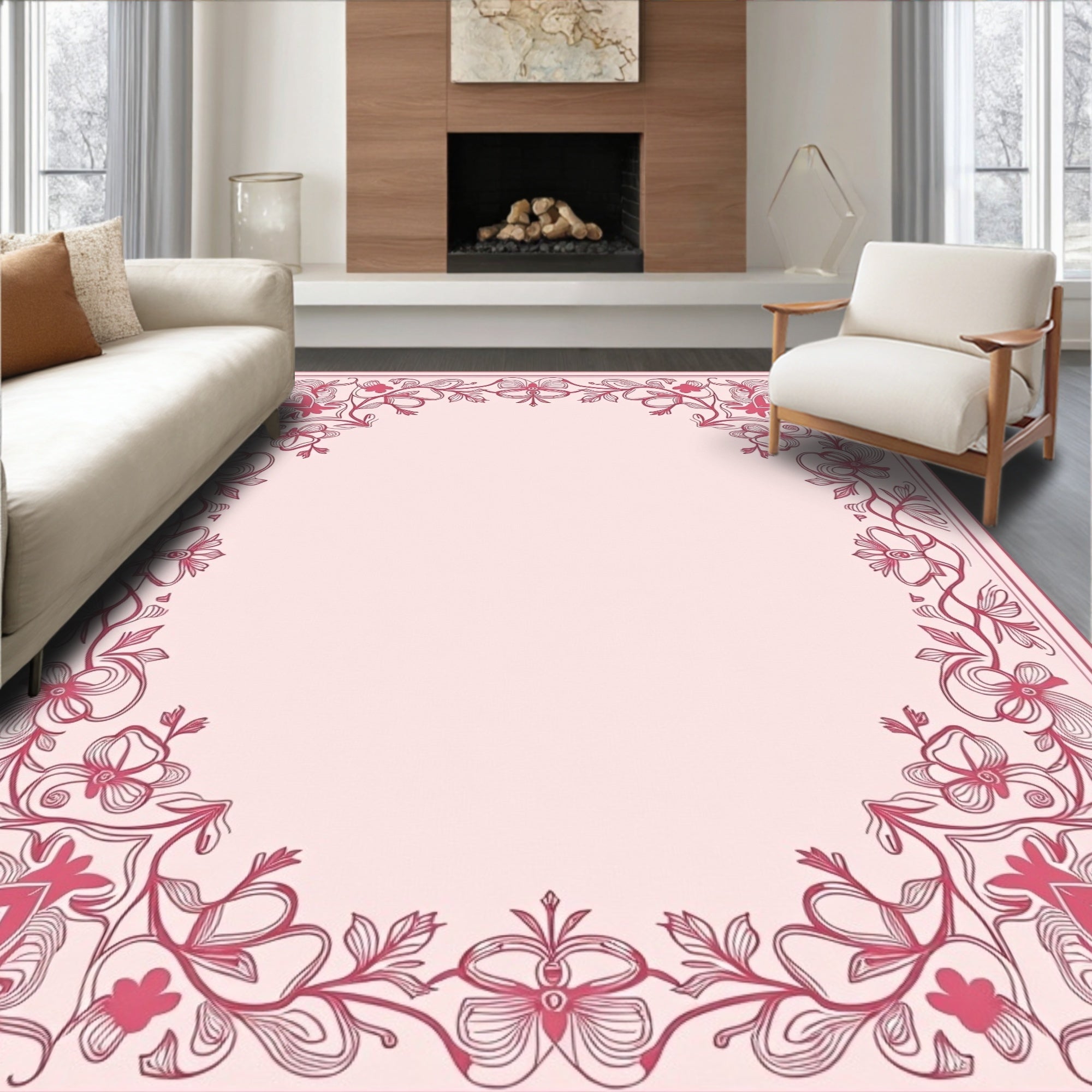 Ornate Pink Floral Scroll Border Design Rug