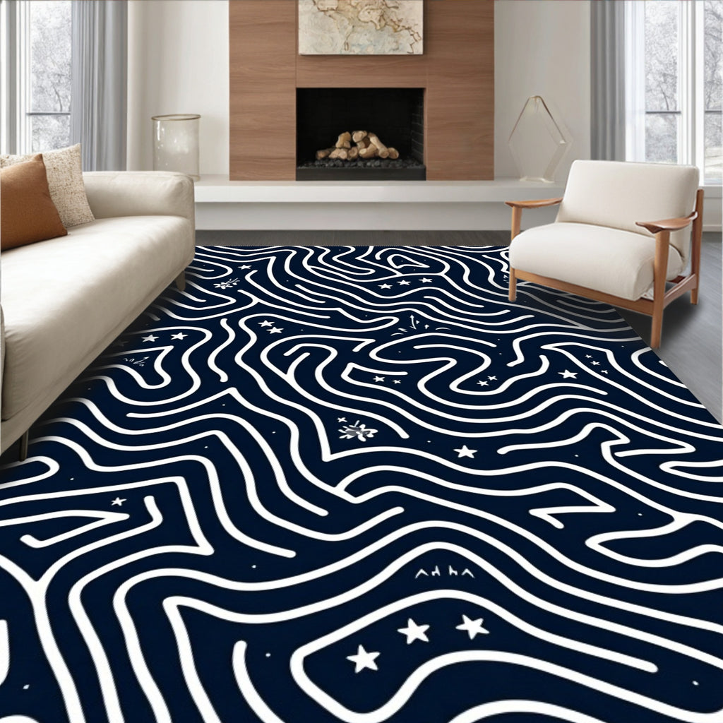 Winding Lines Star-Studded Navy Rug