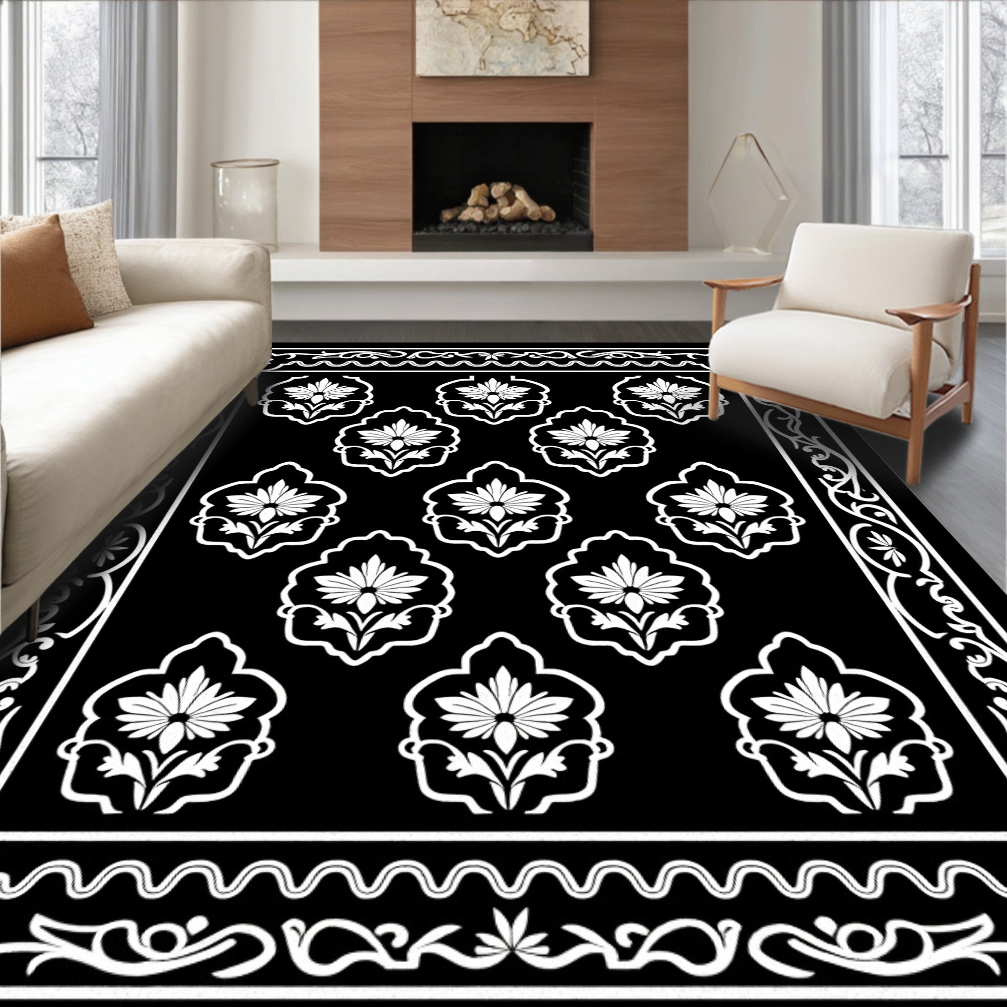 Elegant White Floral Symmetry Rug