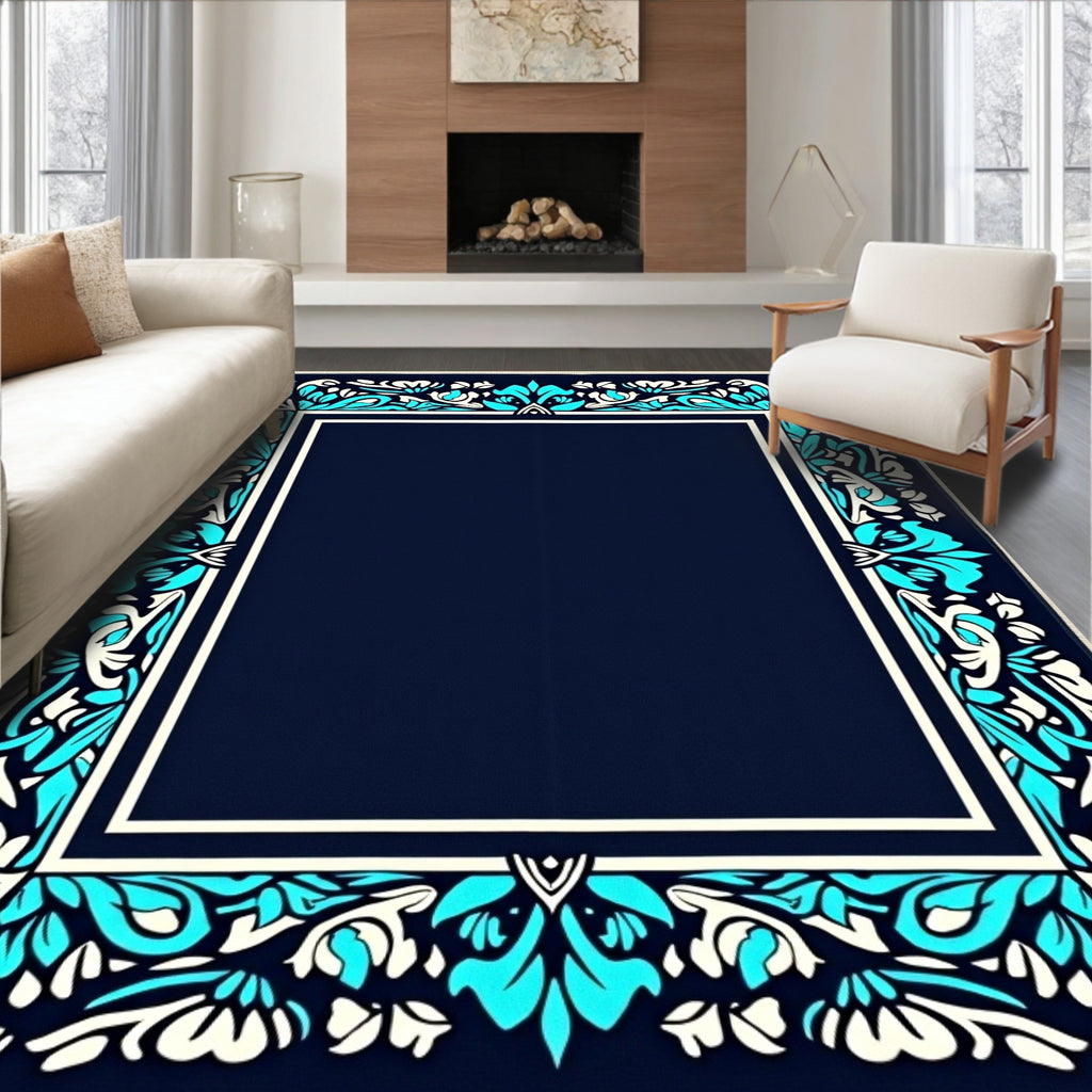 Deep Blue Floral Border Rug