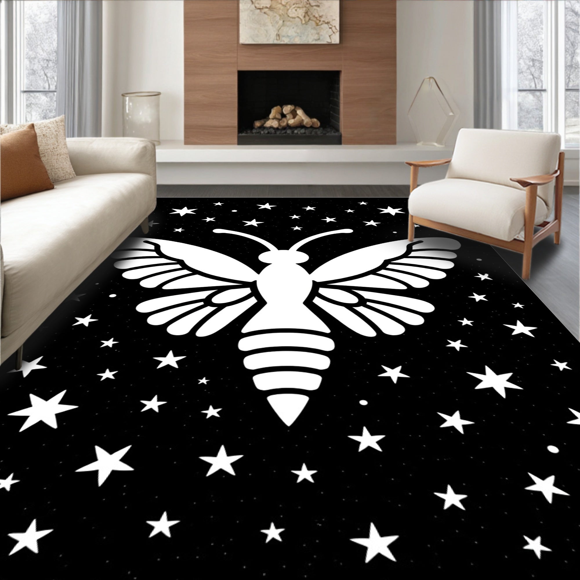 Night Sky Butterfly with Stars Pattern Rug