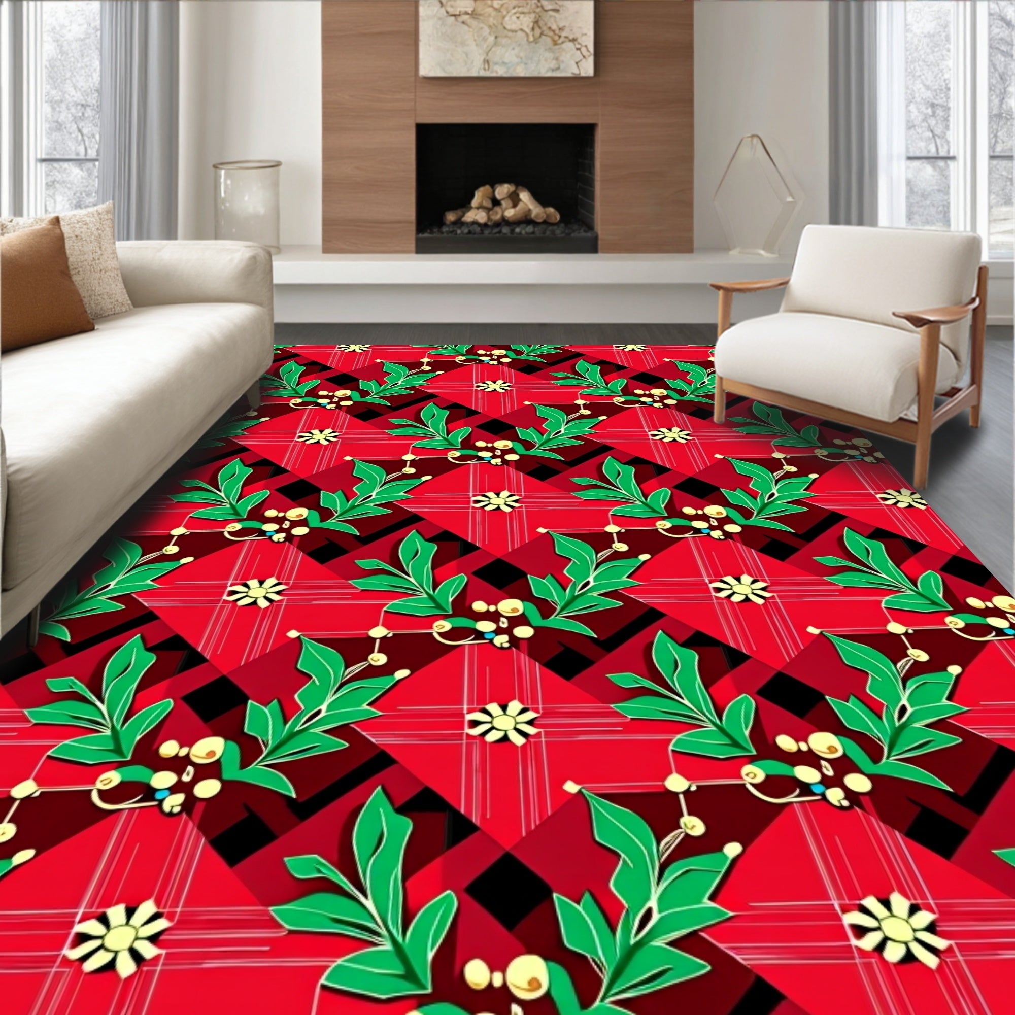 Red Plaid Floral Vine Pattern Rug