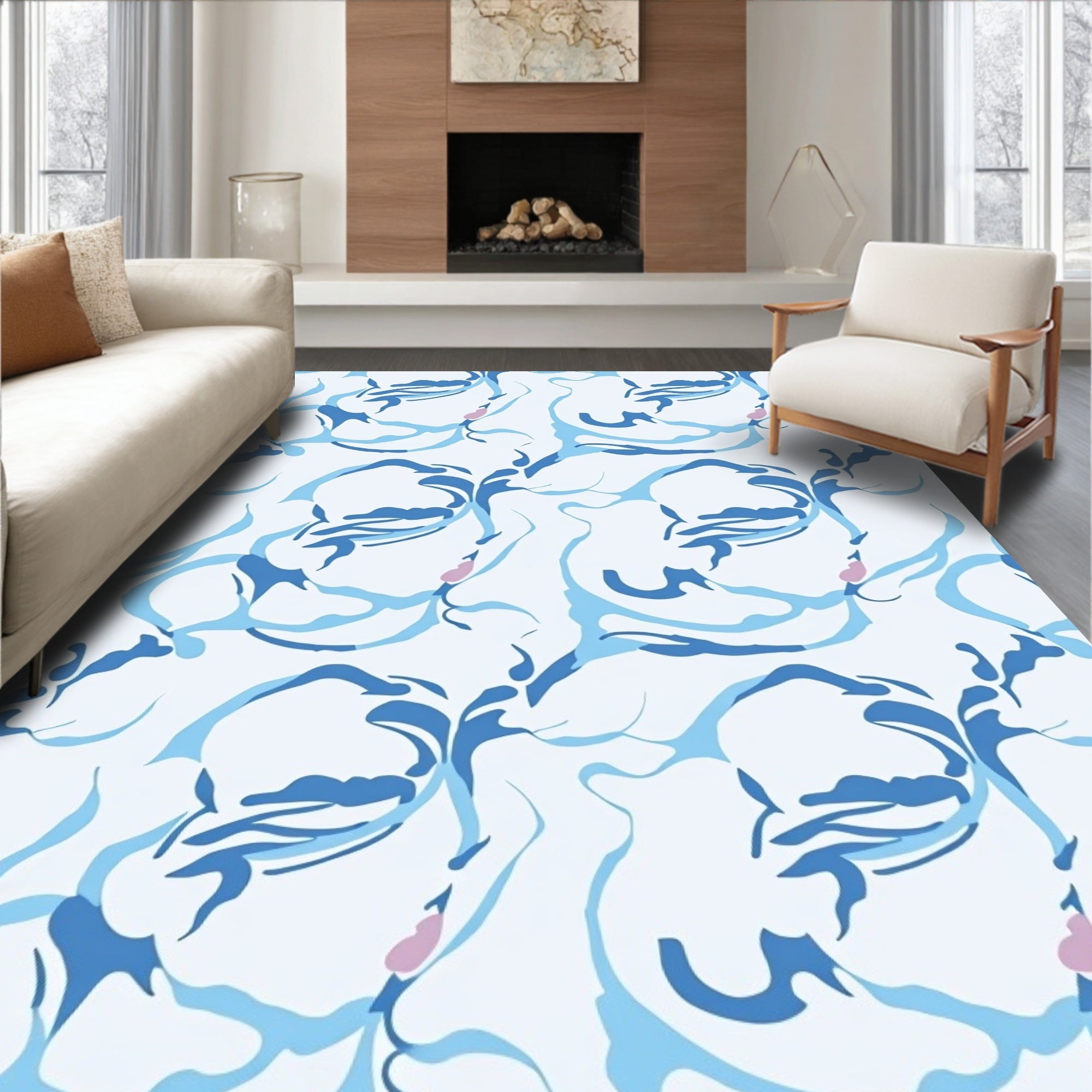 Abstract Blue Floral Swirl Pattern Rug