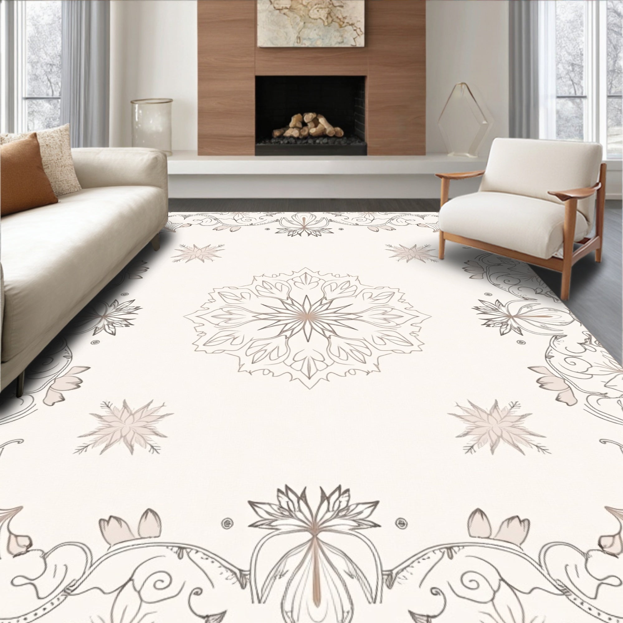 Elegant Floral Mandala Scroll Design Rug