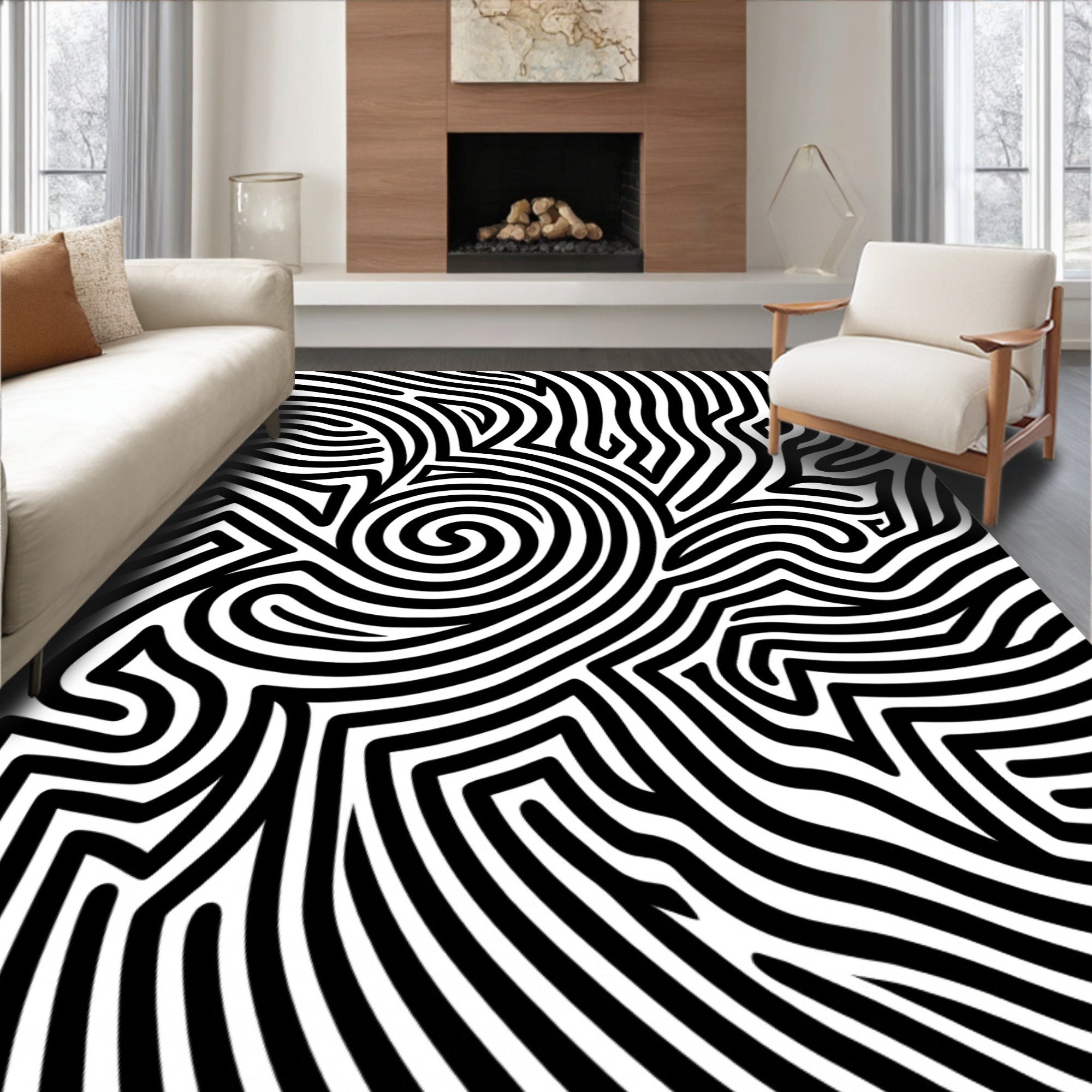 Abstract Black White Swirl Pattern Rug