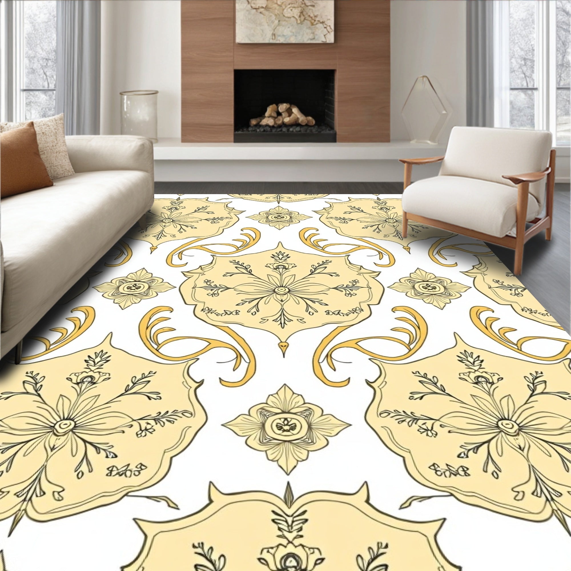 Golden Medallion Floral Pattern Rug