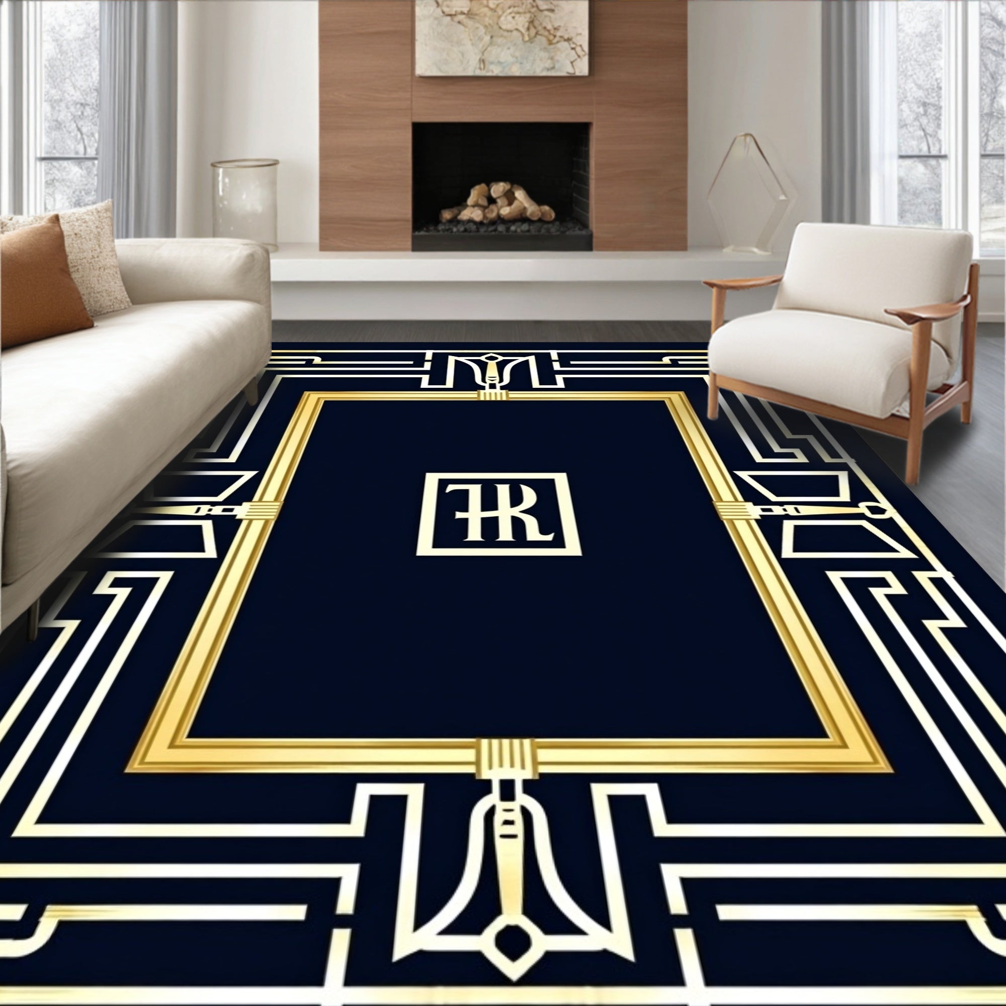 Gold Geometric Frame with Central Emblem Rug