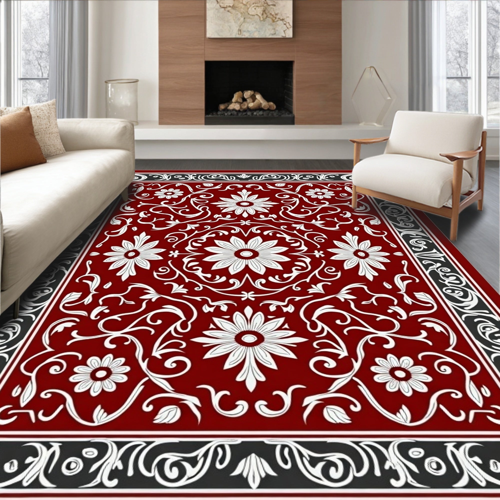 Rich Red Floral Scroll Work Rug