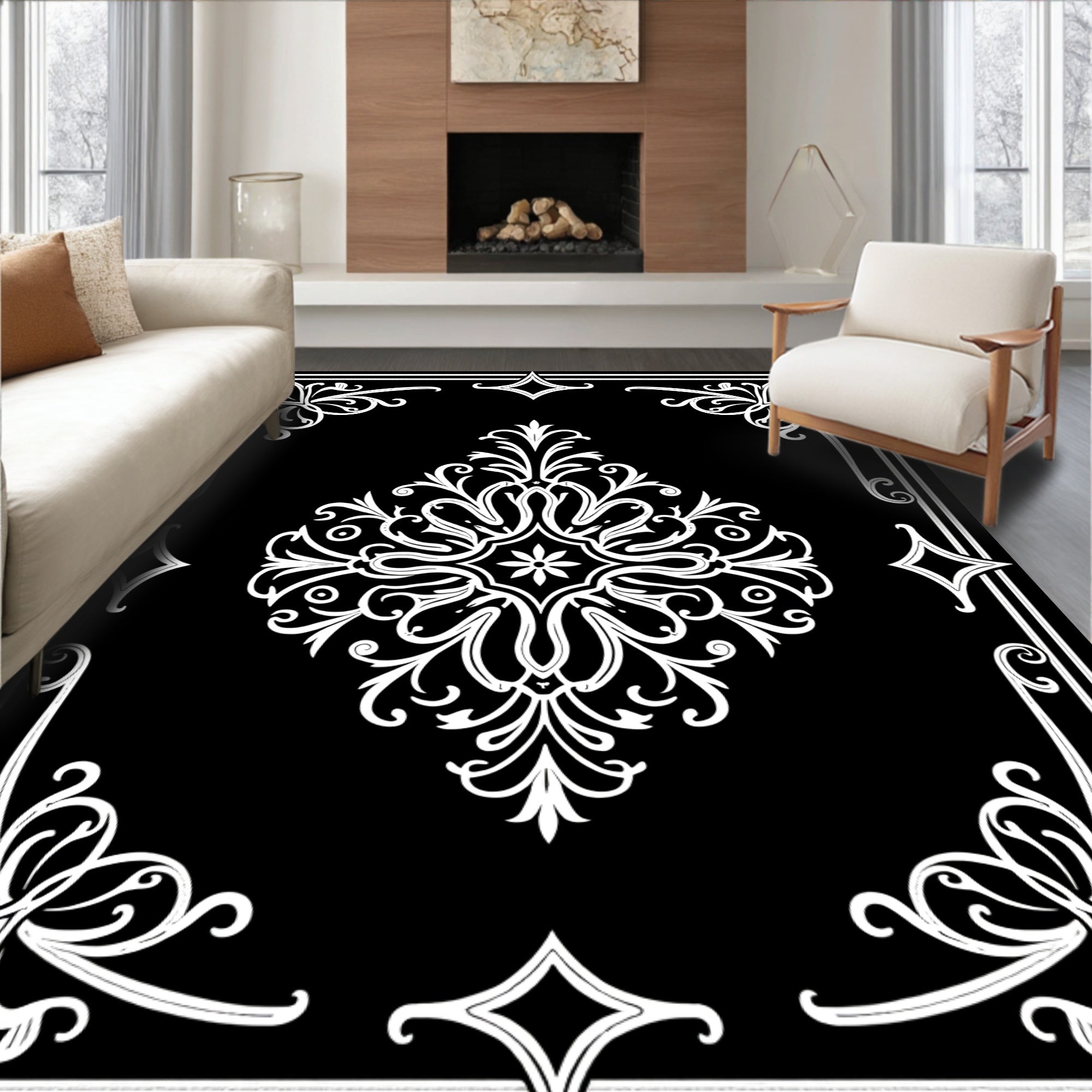 Elegant White Damask Border Design Rug