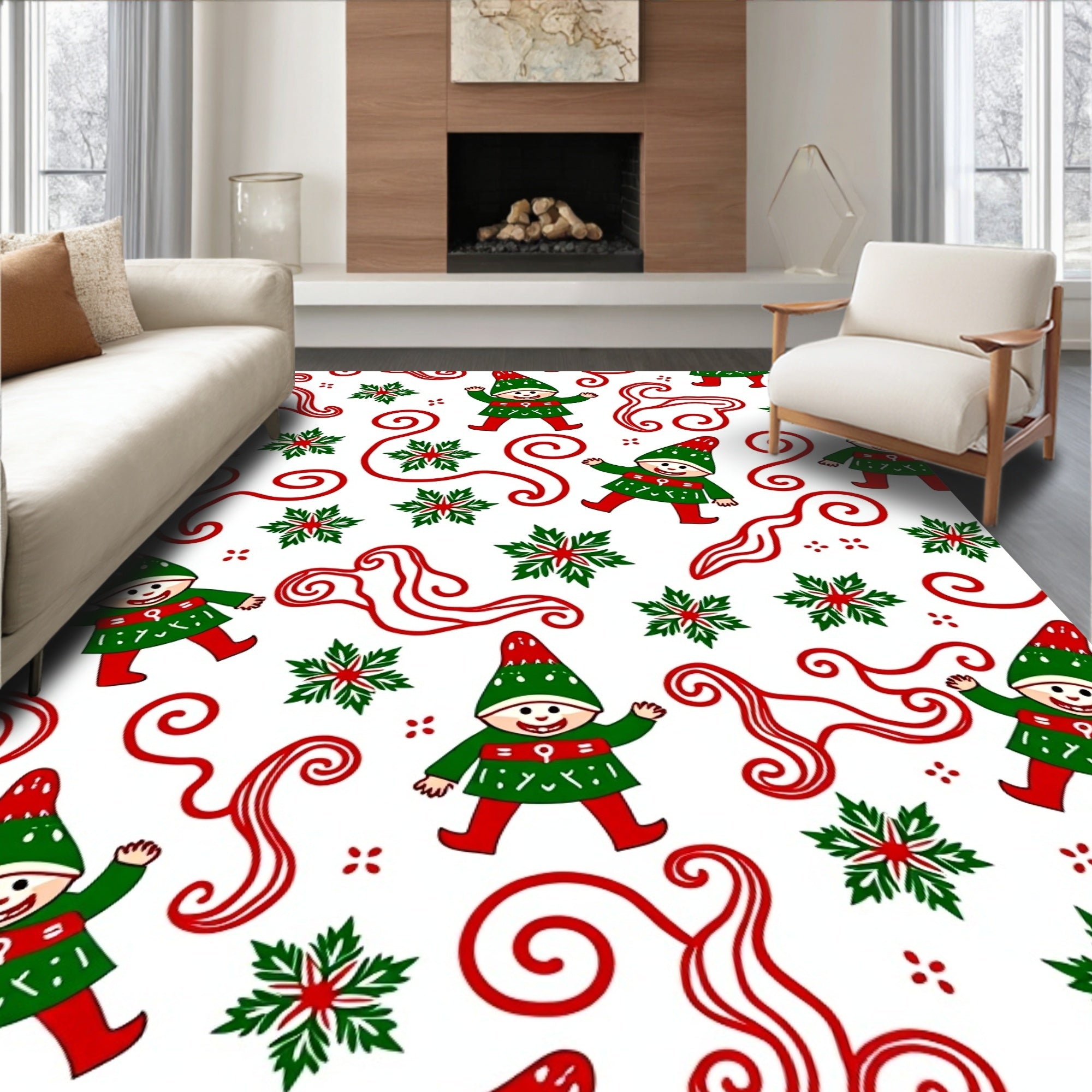 Festive Elves Red Green Swirl Snowflakes Rug