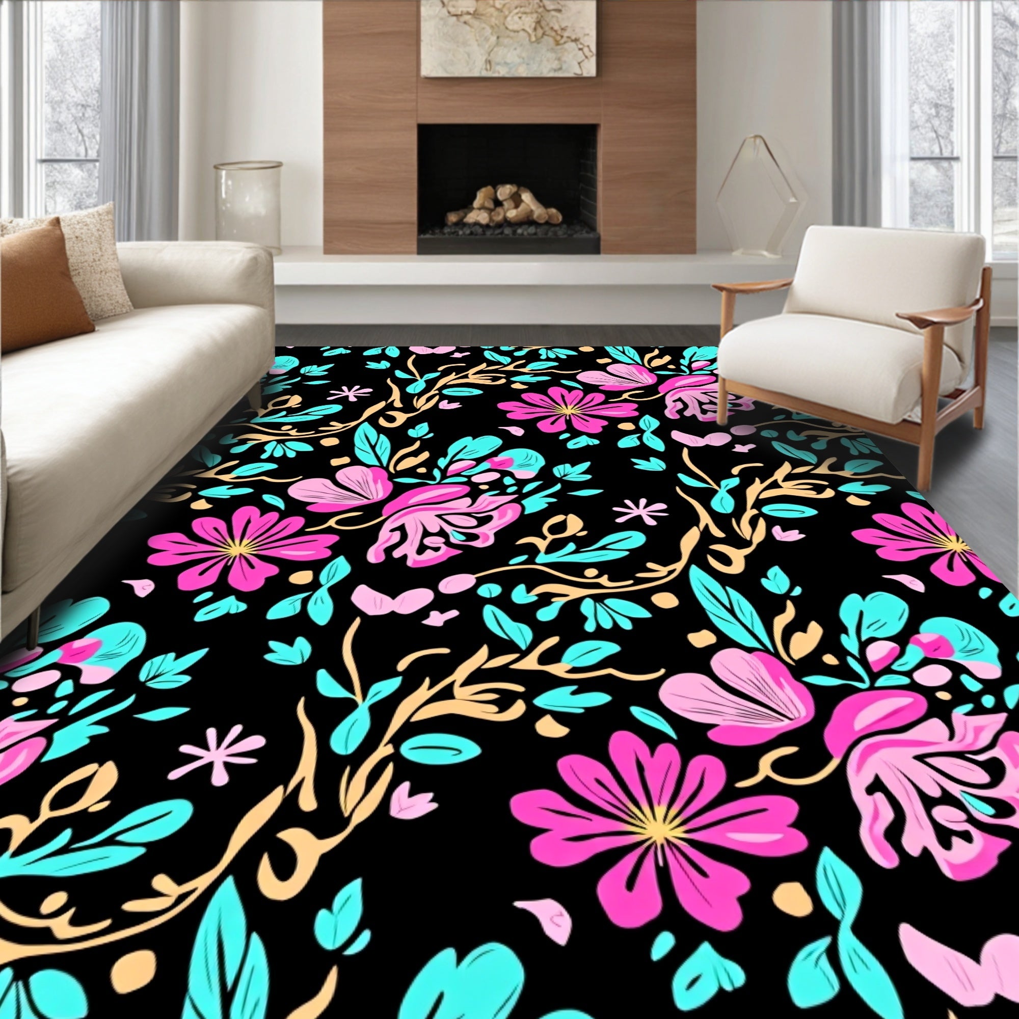 Bright Pink Aqua Floral Pattern Rug