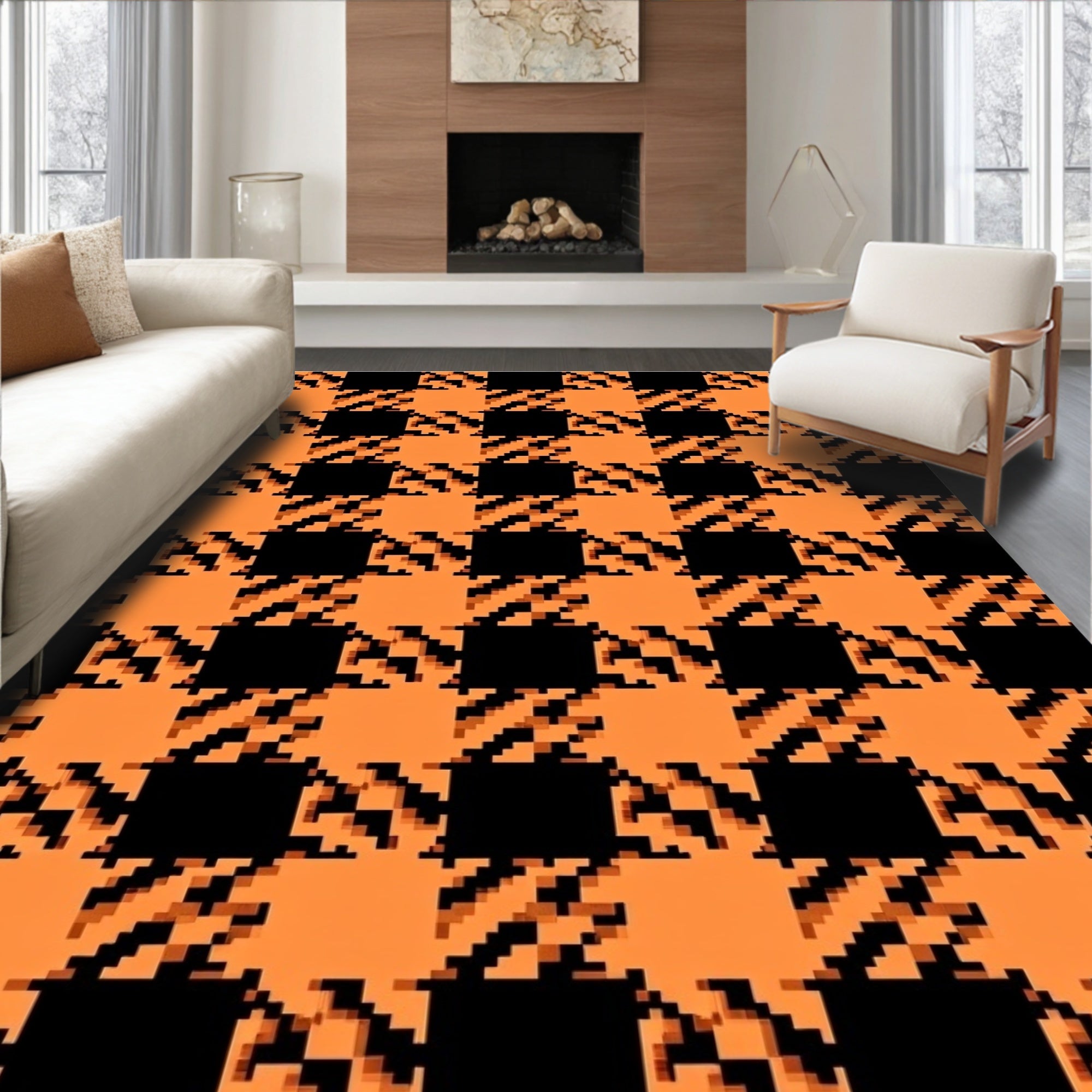 Orange Black Houndstooth Pattern Rug