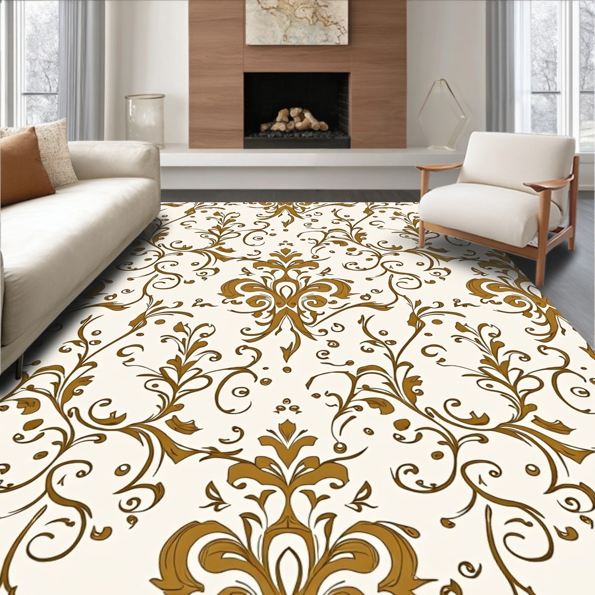 Classic Scrolling Floral Damask Pattern Rug