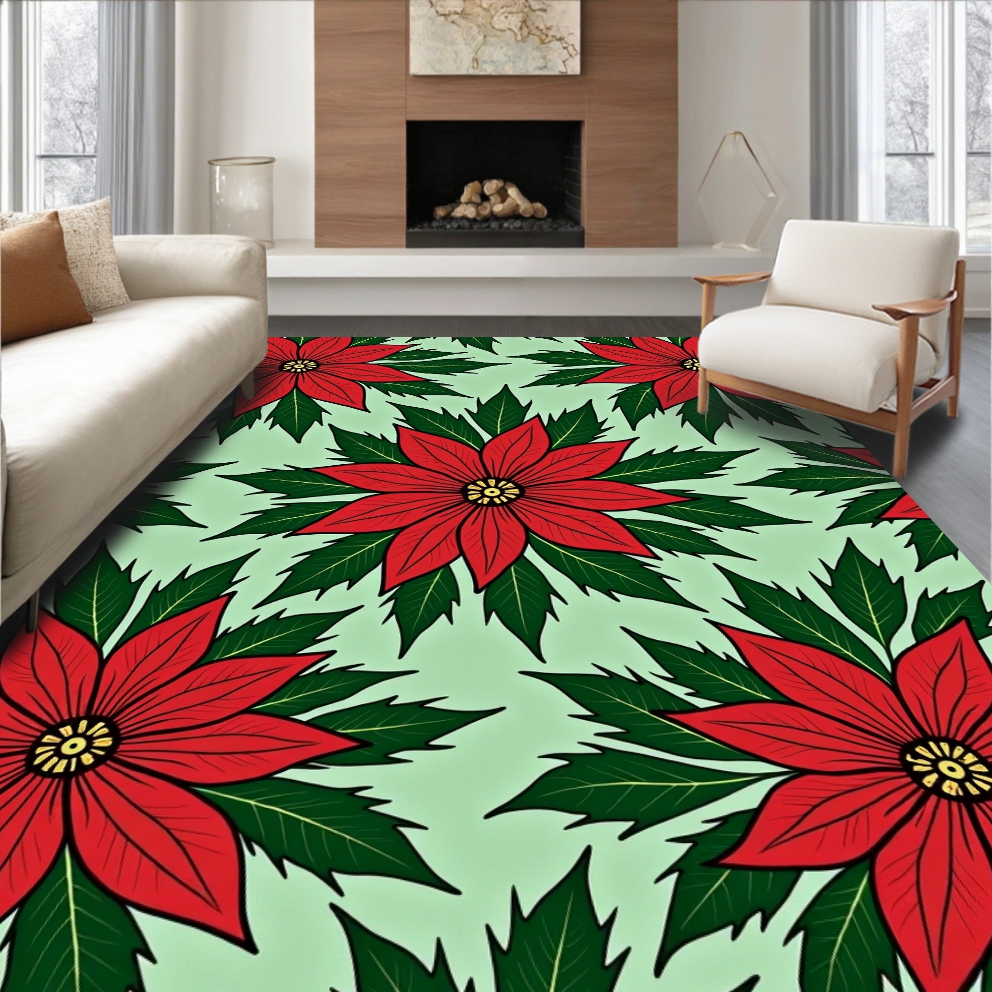 Red Floral Festive Poinsettia Design Rug