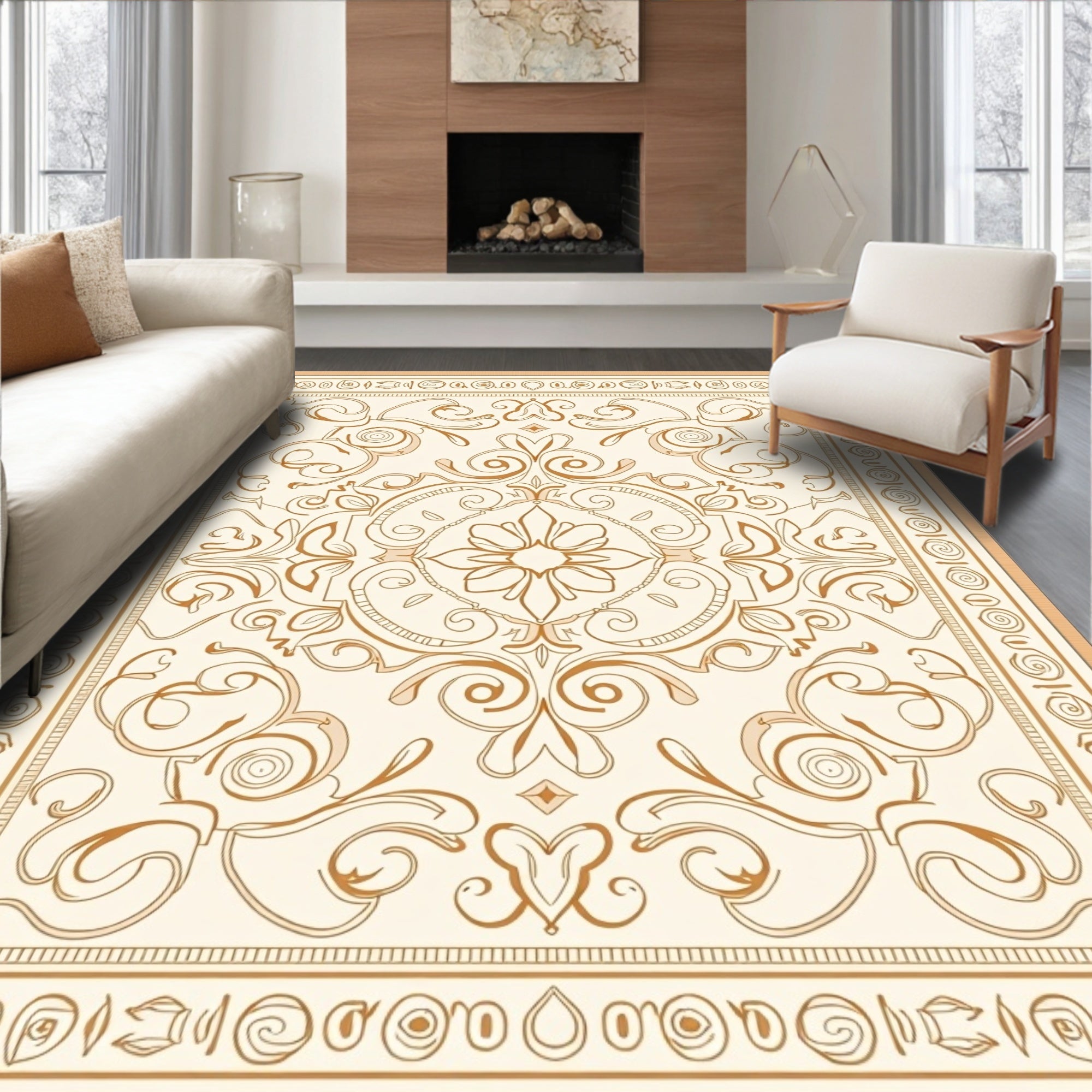 Elegant Floral Scrollwork Cream Gold Design Rug