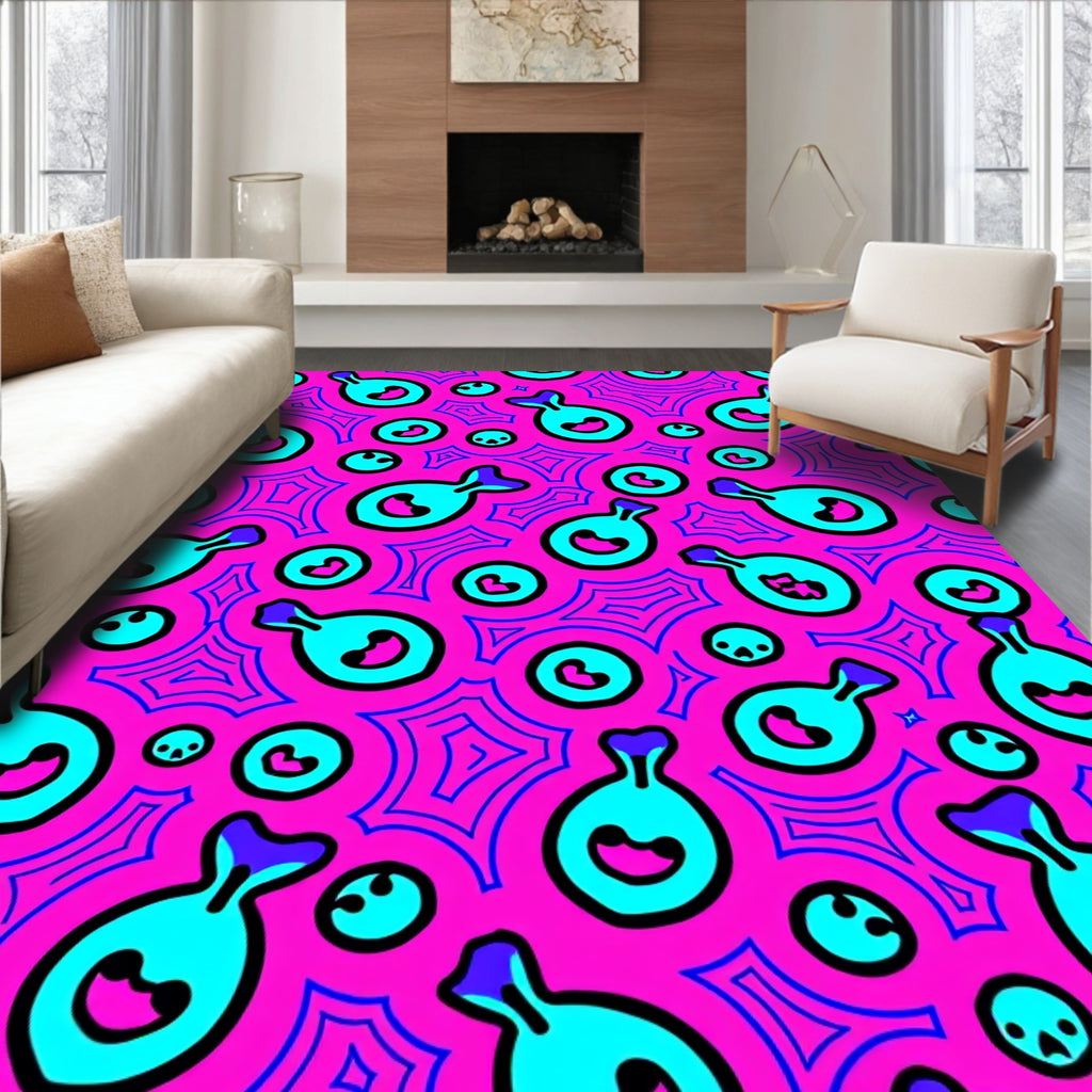 Playful Cyan Pink Cartoon Whimsy Rug