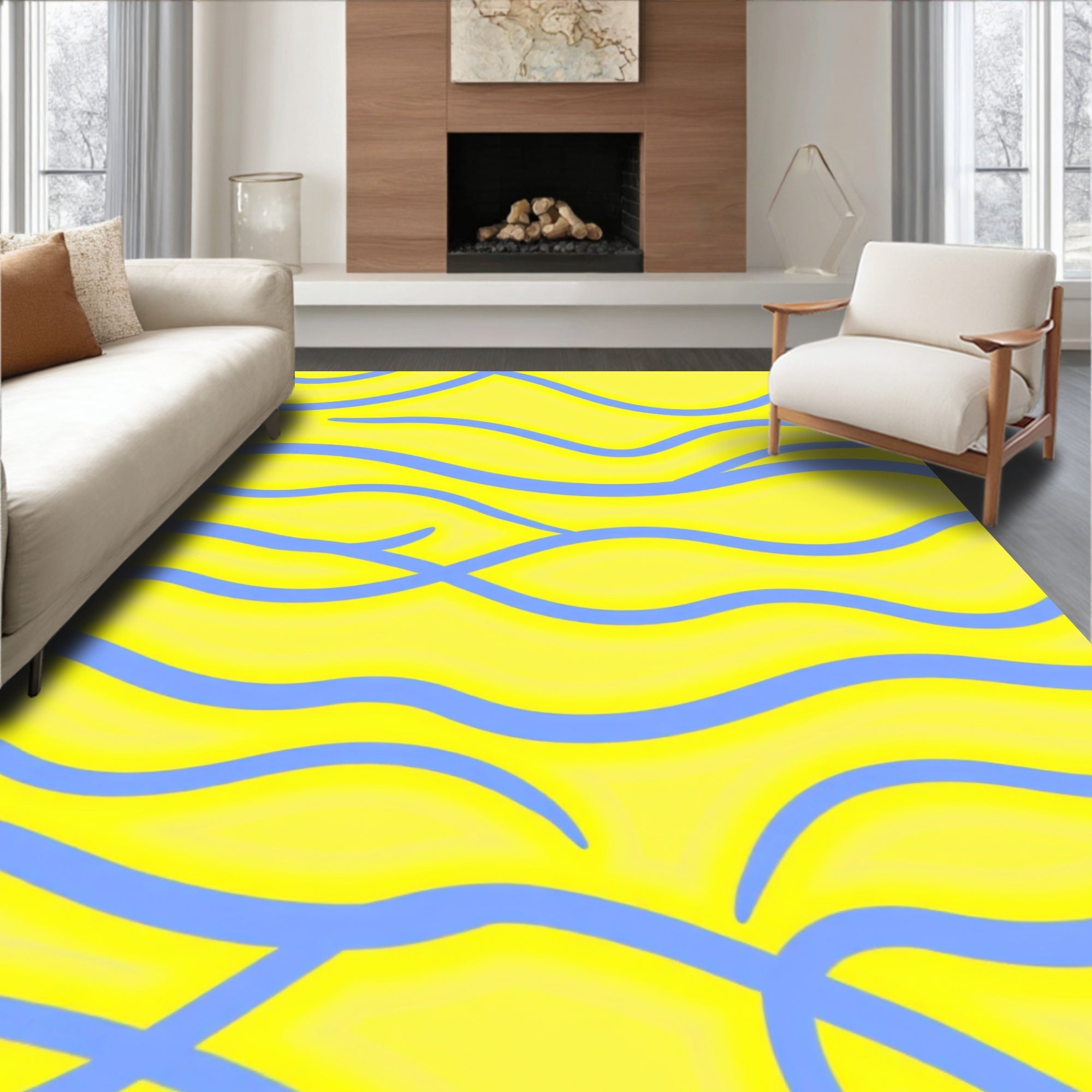 Bright Yellow Blue Wavy Abstract Design Rug