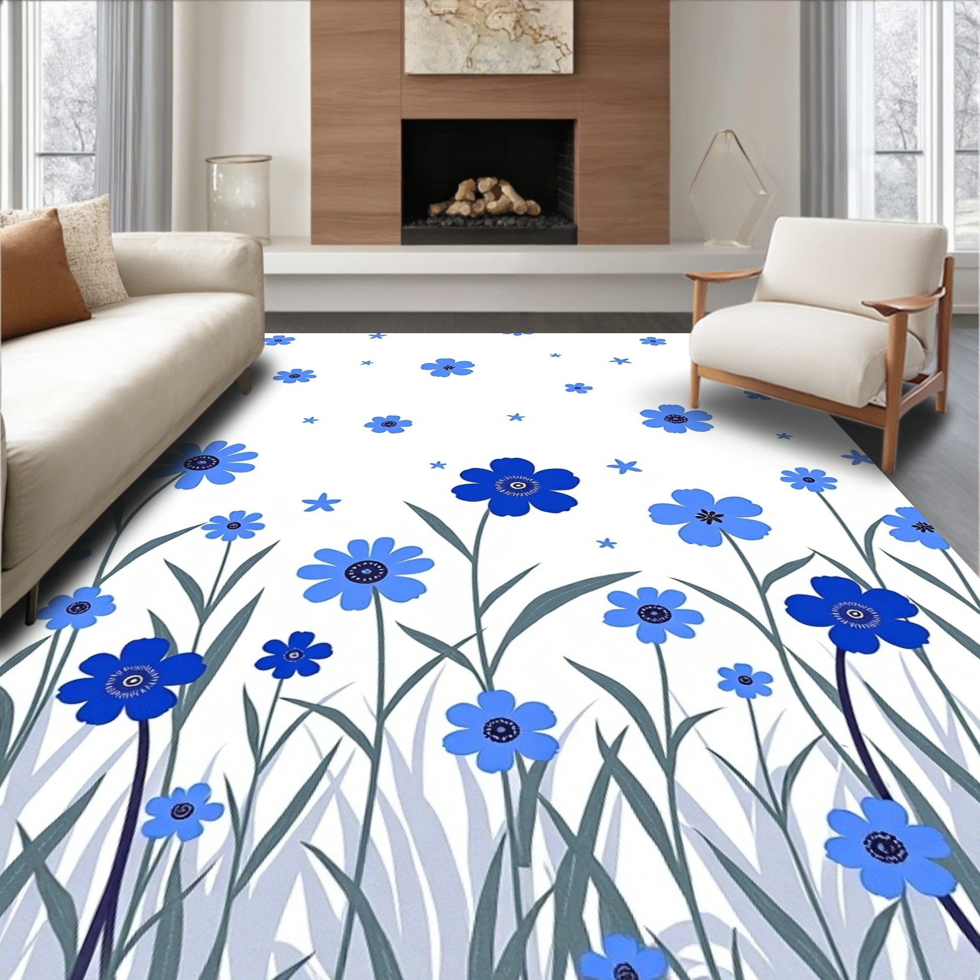 Blue Floral Meadow Pattern Design Rug