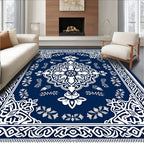 Ornate Blue White Floral Mandala Rug