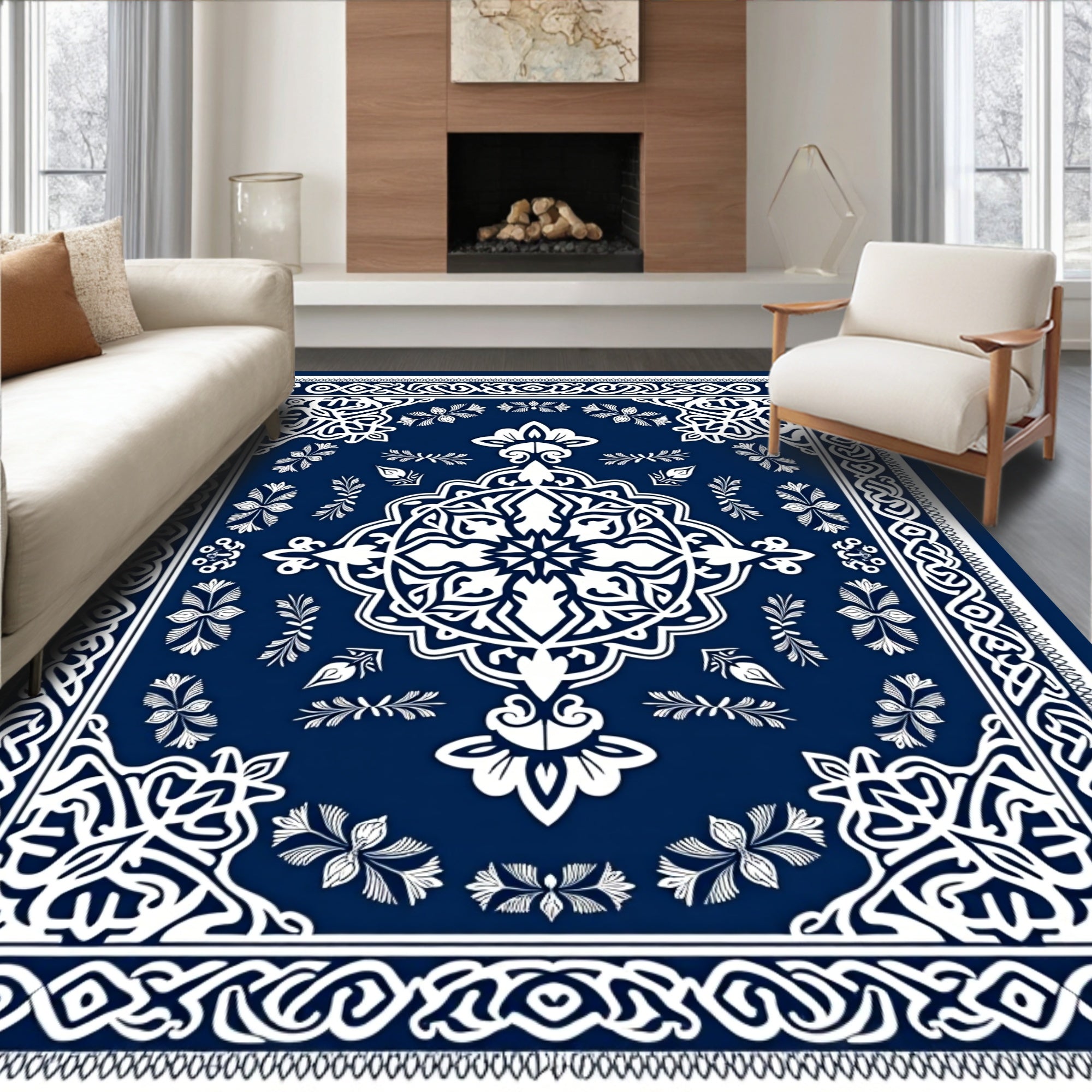 Ornate Blue White Floral Mandala Rug