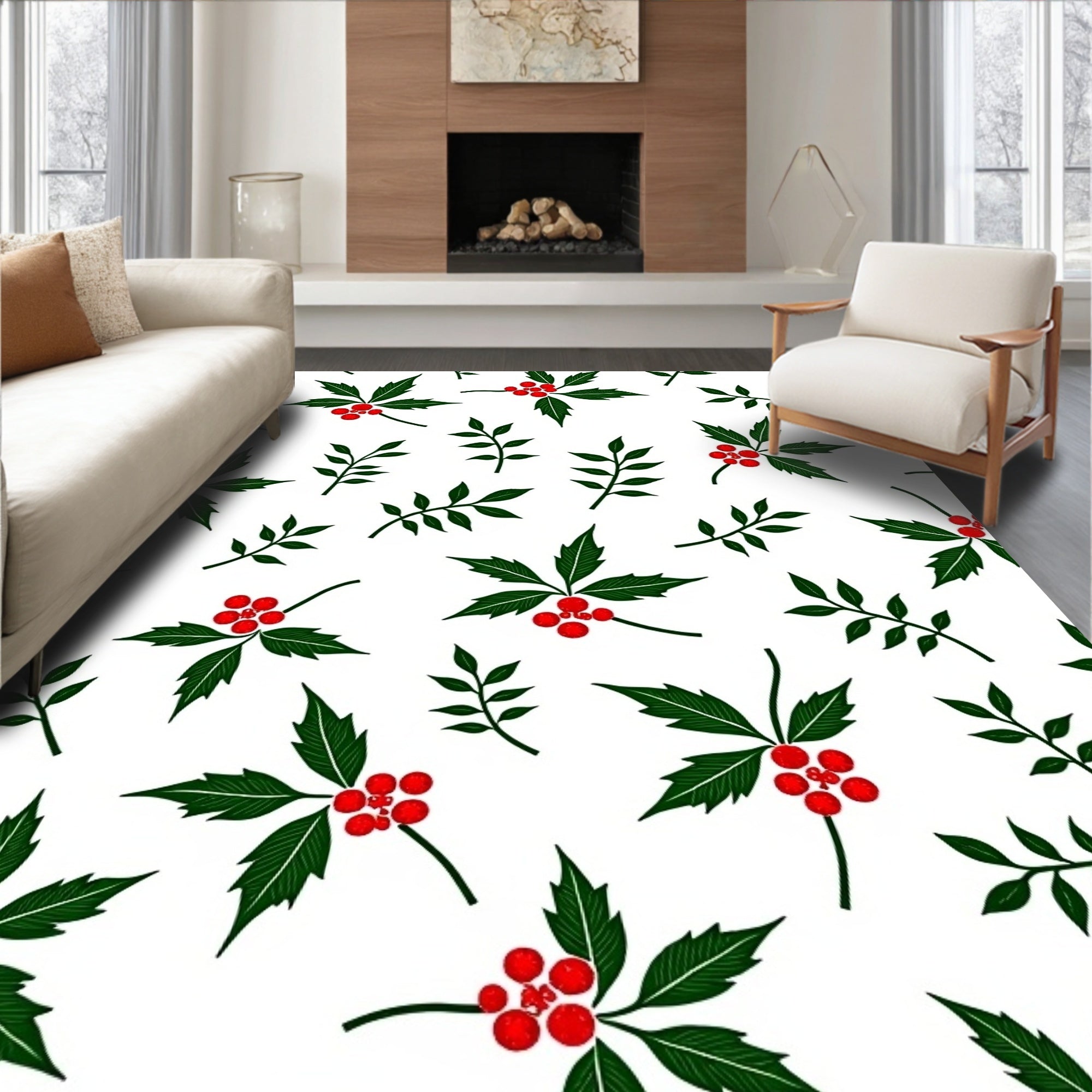 Green Leaf 2 Red Berry Pattern Rug