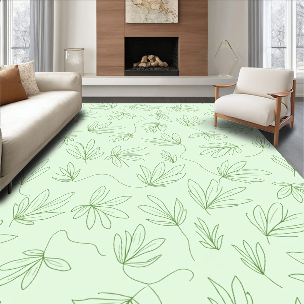 Minimalist Green Leaf Line Art Rug