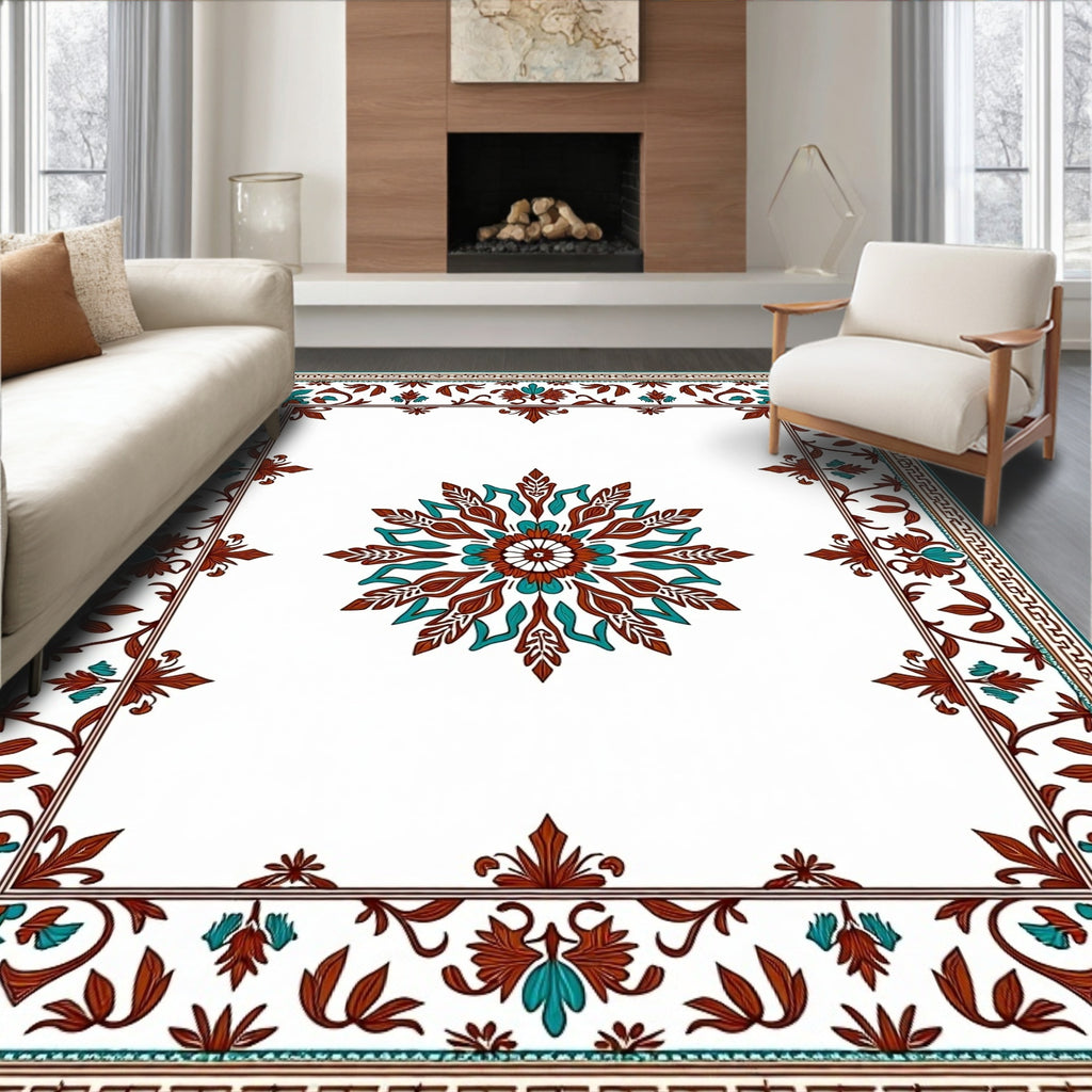 Ornate Floral Medallion Border Design Rug