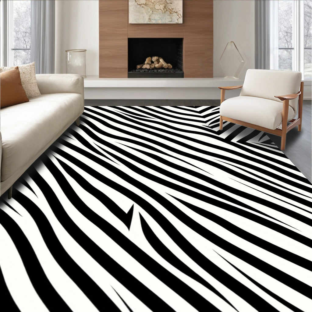 Bold Black White Striped Design Rug
