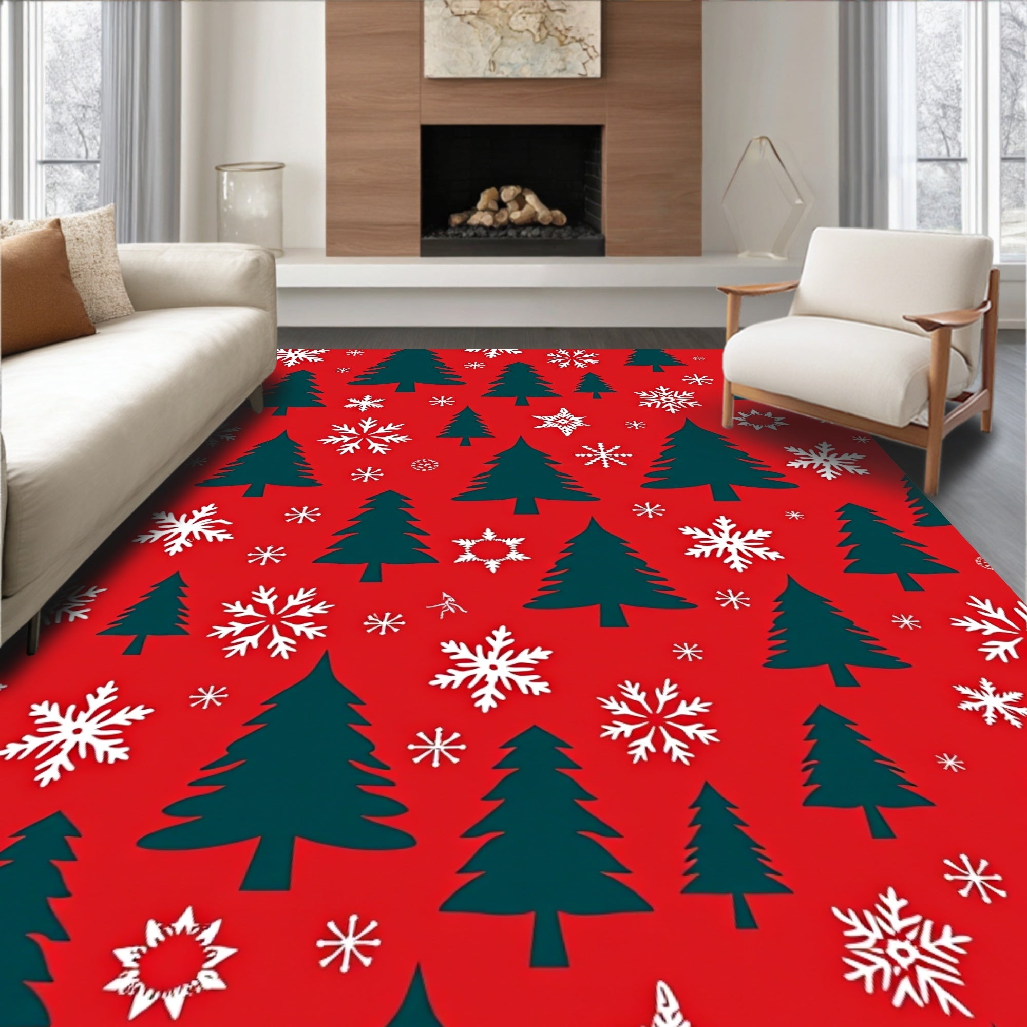 Festive Evergreen Trees Snowflake Pattern Rug