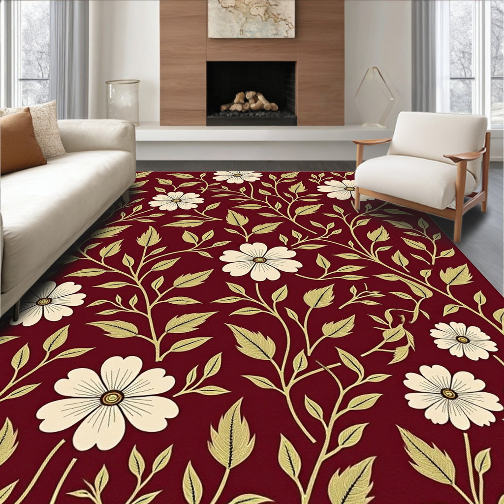 Crimson White Flower Vines Pattern Rug