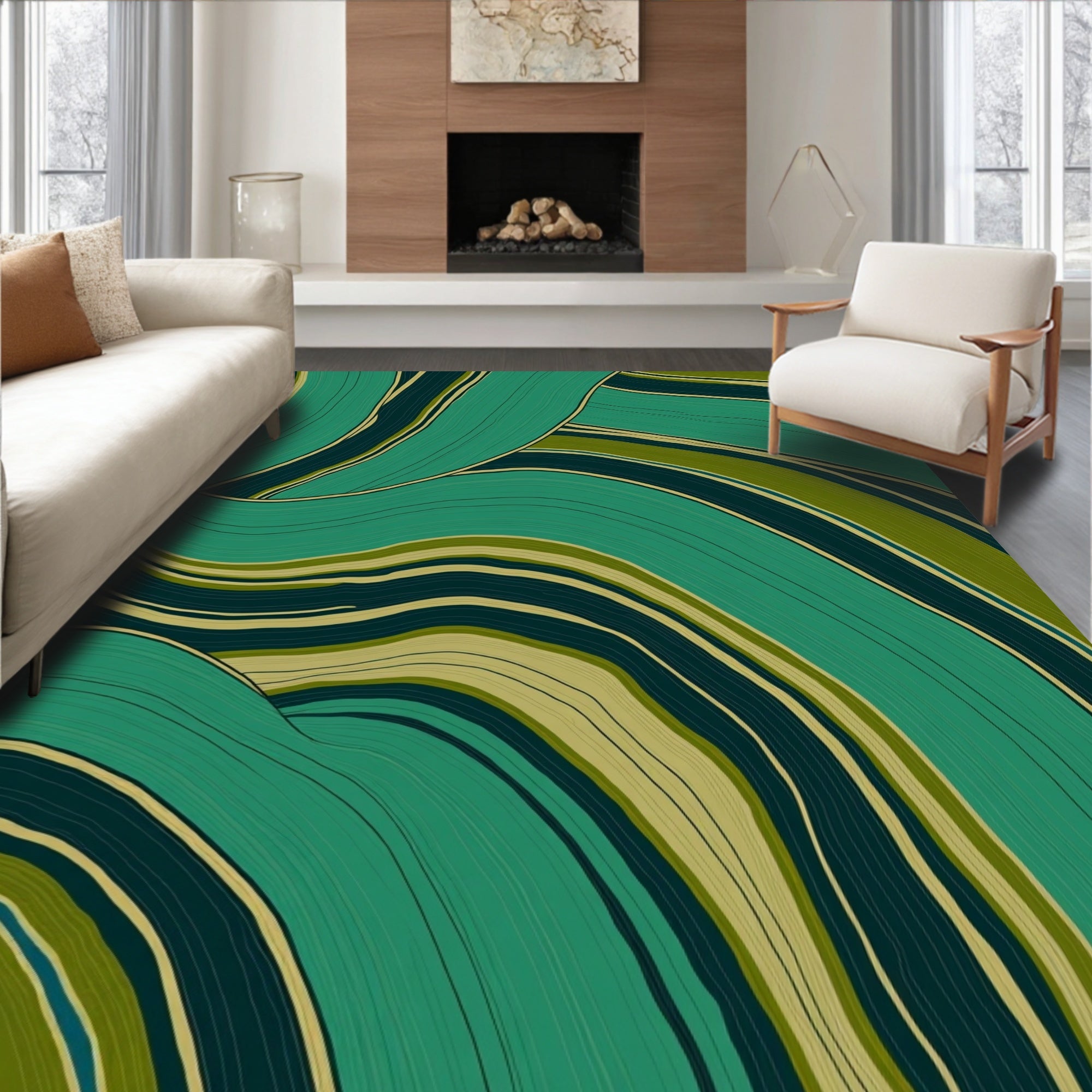 Abstract Wavy Blue Green Design Rug