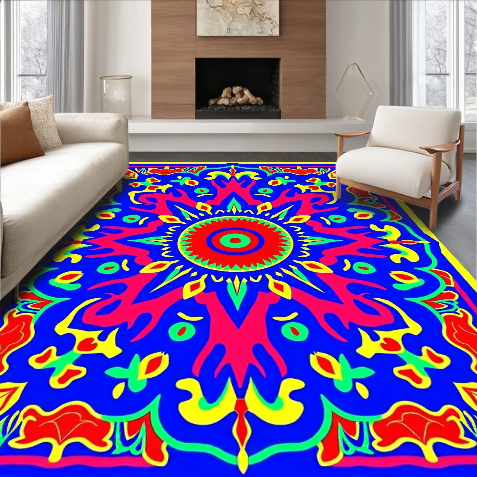 Vibrant Sun Mandala Inspired Abstract Design Rug