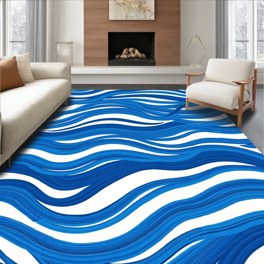 Bold Blue Wavy Abstract Pattern Rug