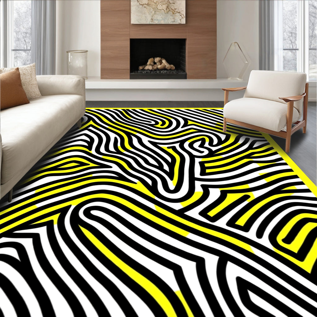 Bold Yellow And Black Maze Pattern Rug