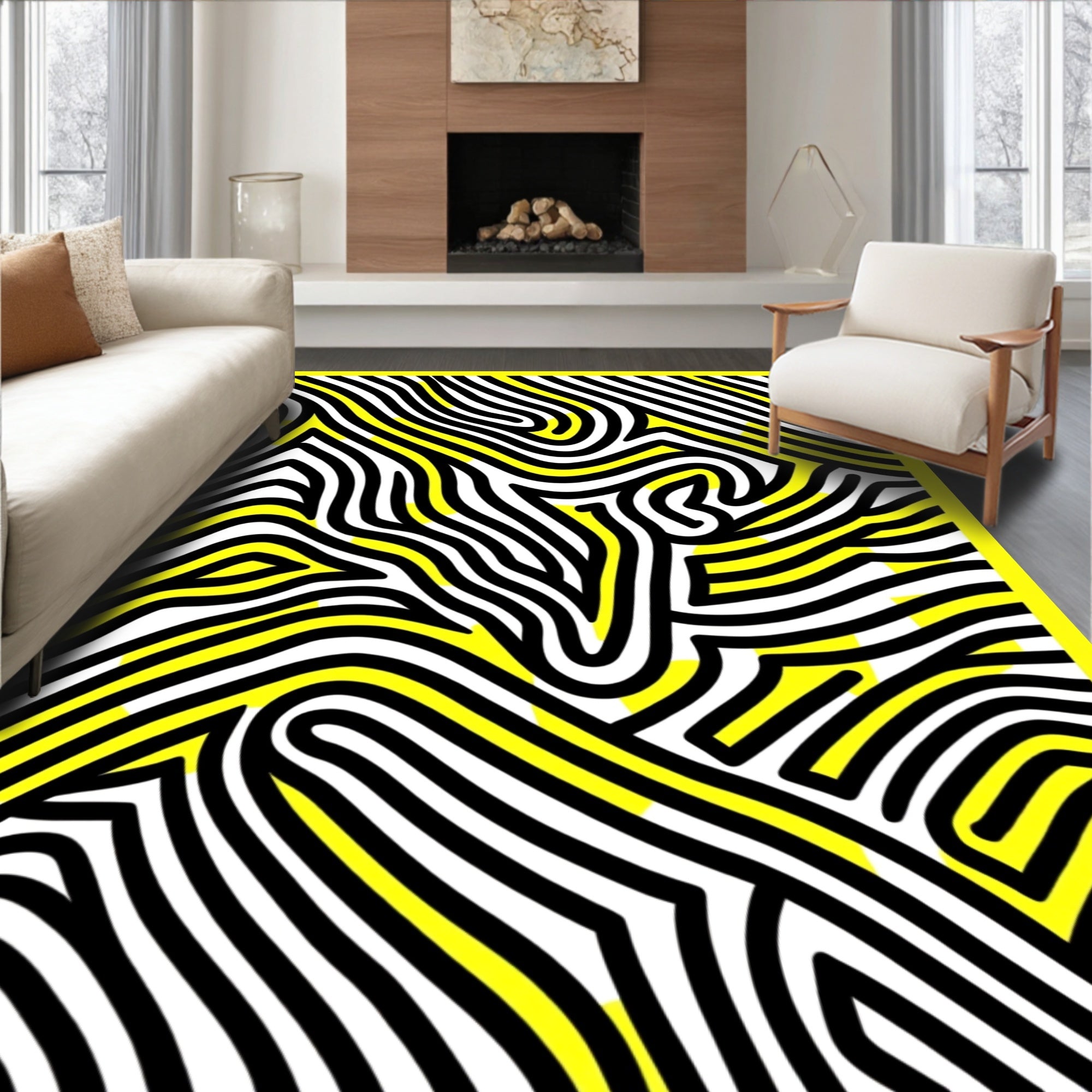 Bold Yellow And Black Maze Pattern Rug