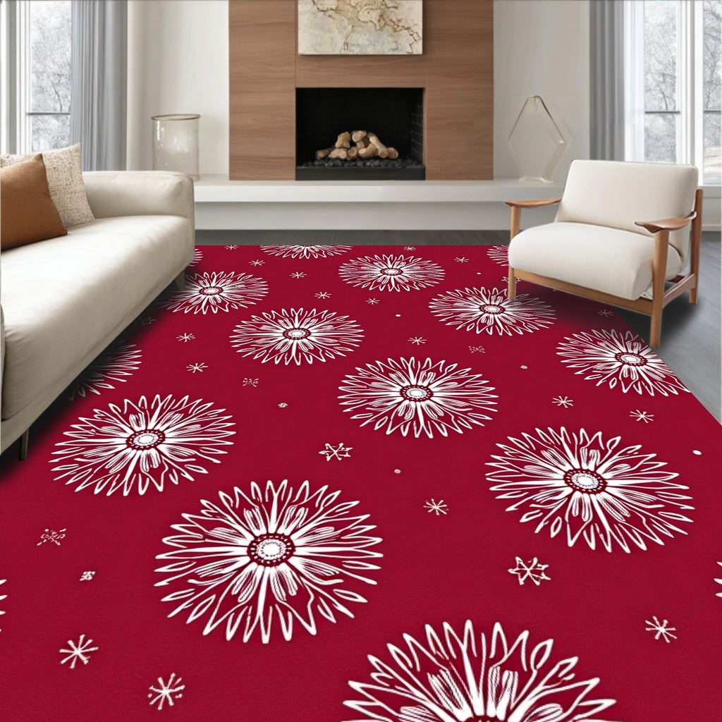 Floral Starburst Patterned Red Rug