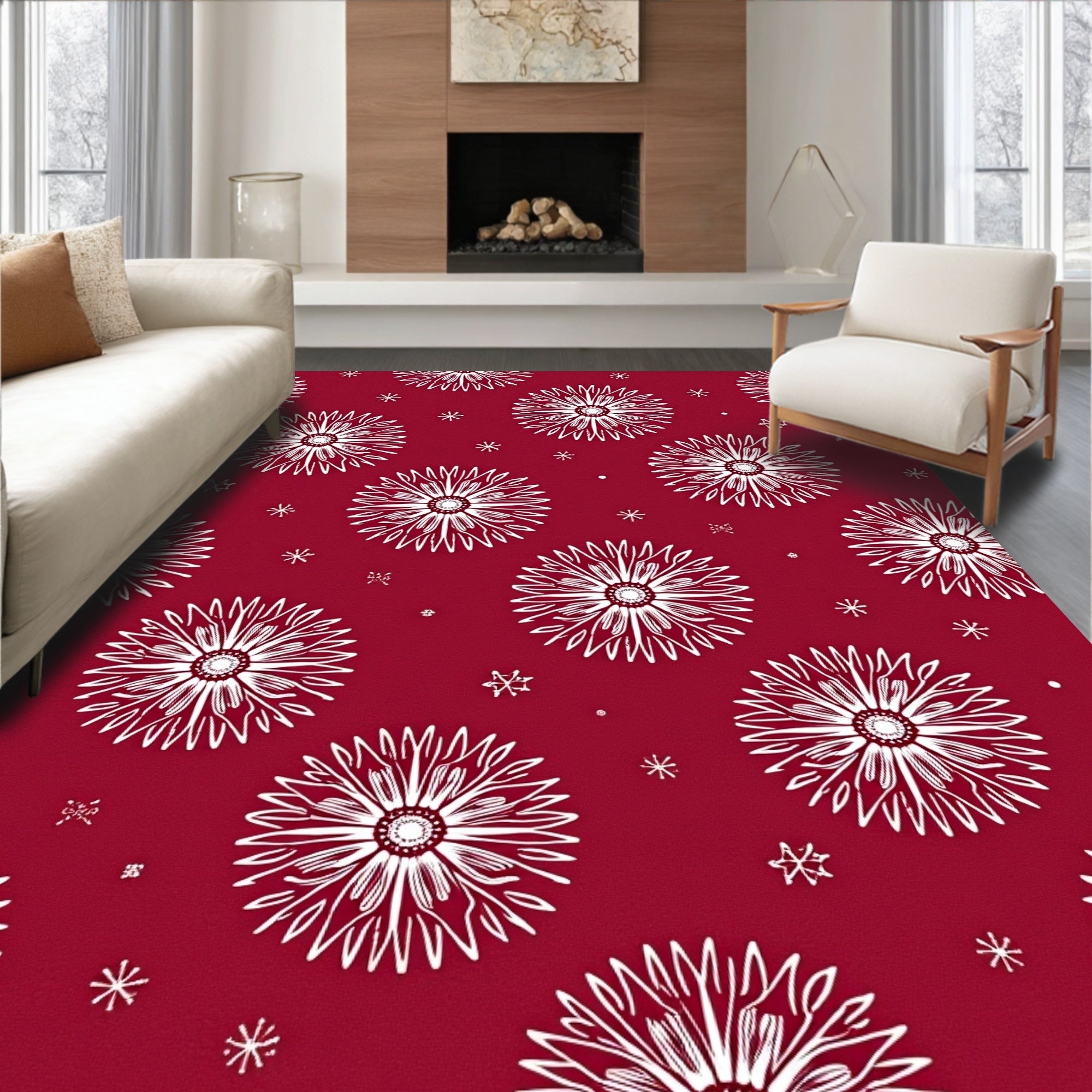 Floral Starburst Patterned Red Rug